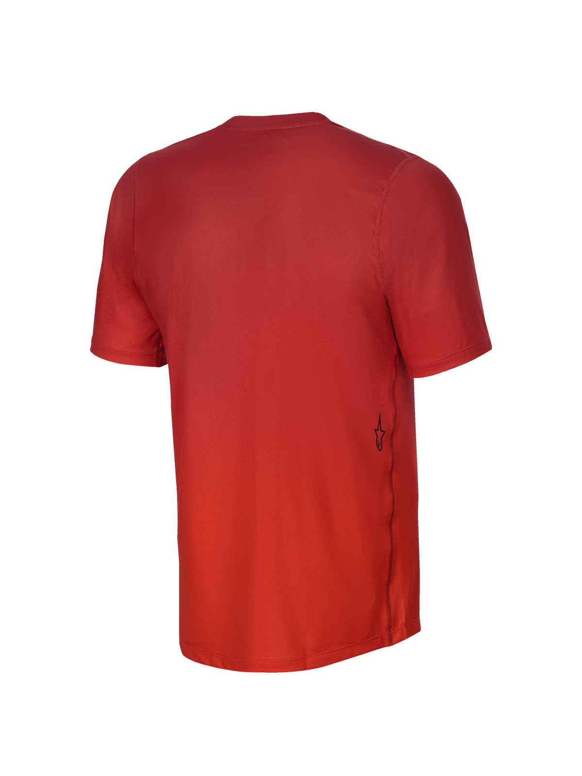 Jersey juvenil de manga corta Alpinestars Youth A-Dura Rise, vista trasera, color naranja Spicy Orange, con textura de tejido jacquard, pequeño logotipo negro de Astars en el lateral inferior y dobladillo trasero más largo para mayor cobertura en ciclismo de montaña.