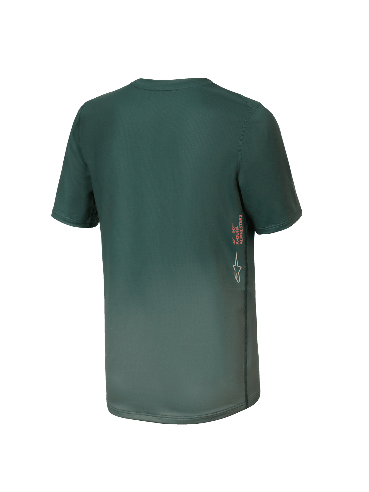 Jersey Alpinestars Youth A-Dura Rise, camiseta de MTB de manga corta, verde Silver Pine, vista trasera con logotipos verticales A-DURA y Astars en el lateral, dobladillo trasero más largo y tejido técnico que absorbe la humedad