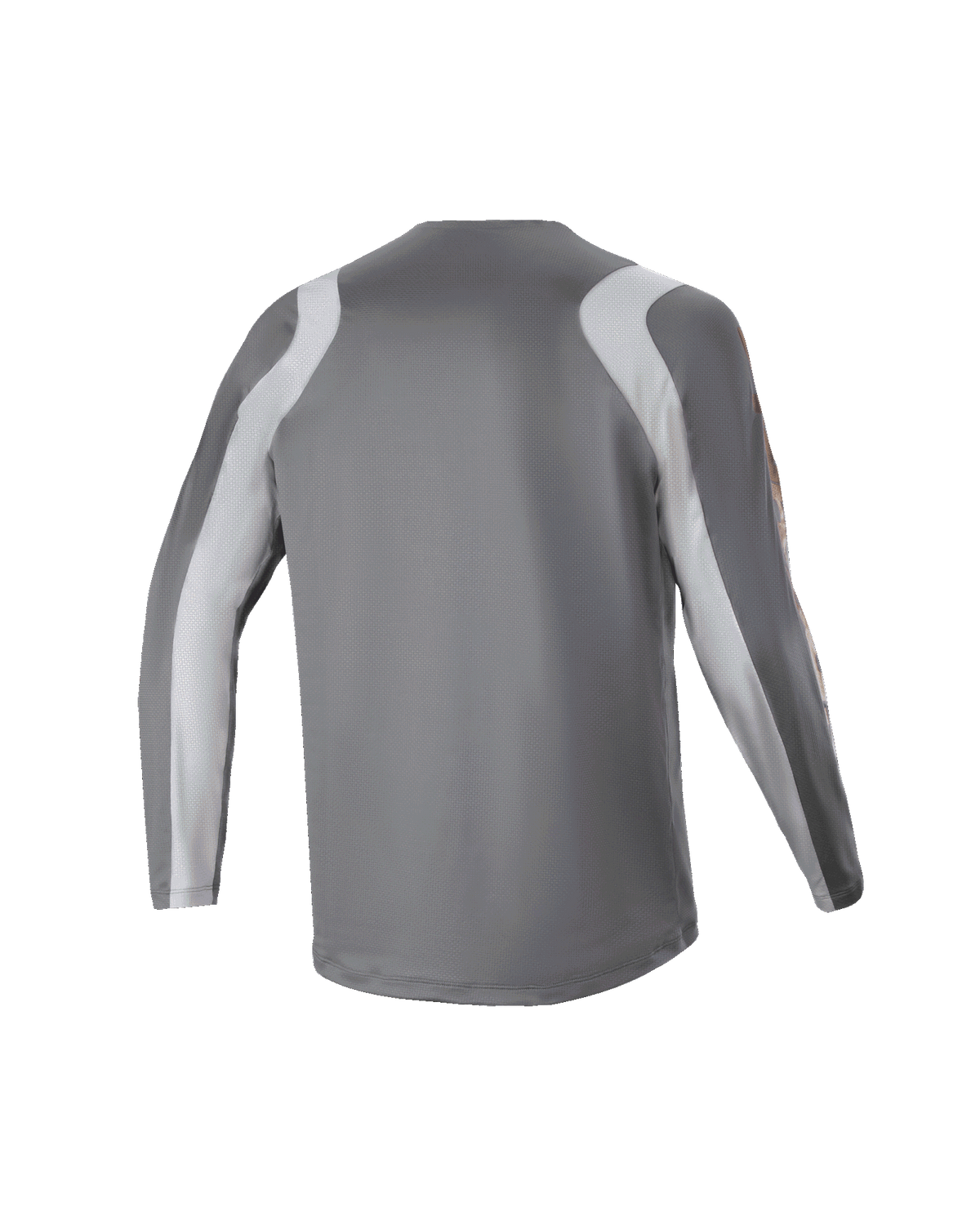 Jersey de manga larga Alpinestars A Supra Astar Juvenil, vista posterior, gris oscuro con paneles en hombros y brazos en gris claro, jersey de MTB con ajuste de rendimiento, tejido de poliéster transpirable para ciclismo de gravedad