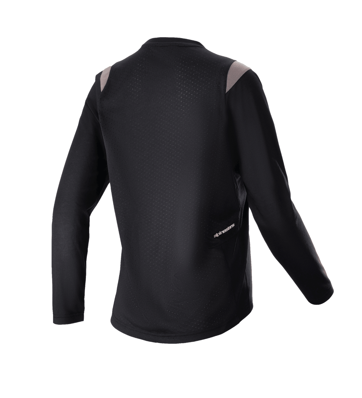 Jersey Alpinestars Stella Alps Escape de manga larga para mujer, negro con detalles grises en los hombros, vista trasera que muestra el panel de malla perforada para ventilación y un pequeño logotipo de Alpinestars, equipamiento de ciclismo de montaña