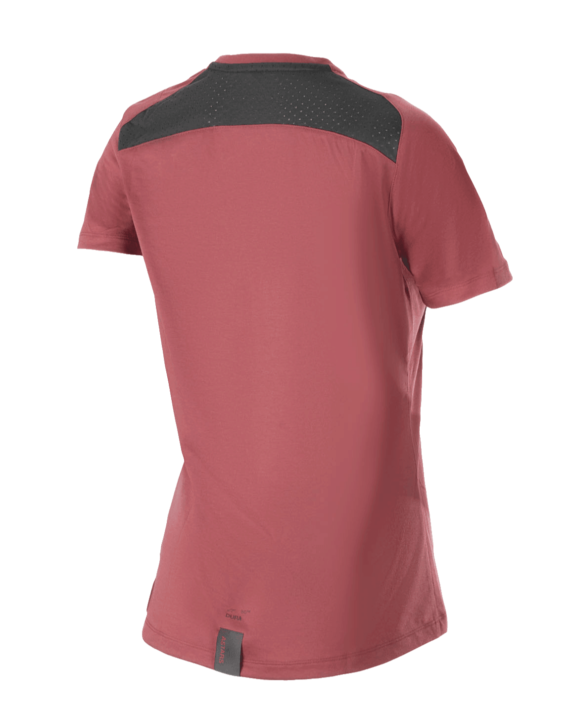 Jersey Stella A-Dura Dri Switch de Alpinestars para mujer, jersey de manga corta para ciclismo de montaña, color granate, vista trasera que muestra el panel de malla negra para ventilación y el diseño de cola caída