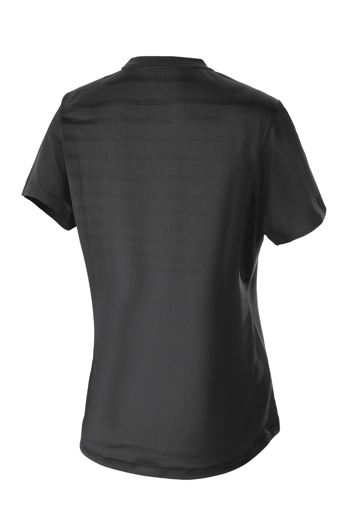 Alpinestars Stella Alps Constellation Jersey para mujer, jersey de MTB de manga corta, negro, vista posterior con patrón de rayas de malla técnica y parte trasera extendida para mayor cobertura al pedalear