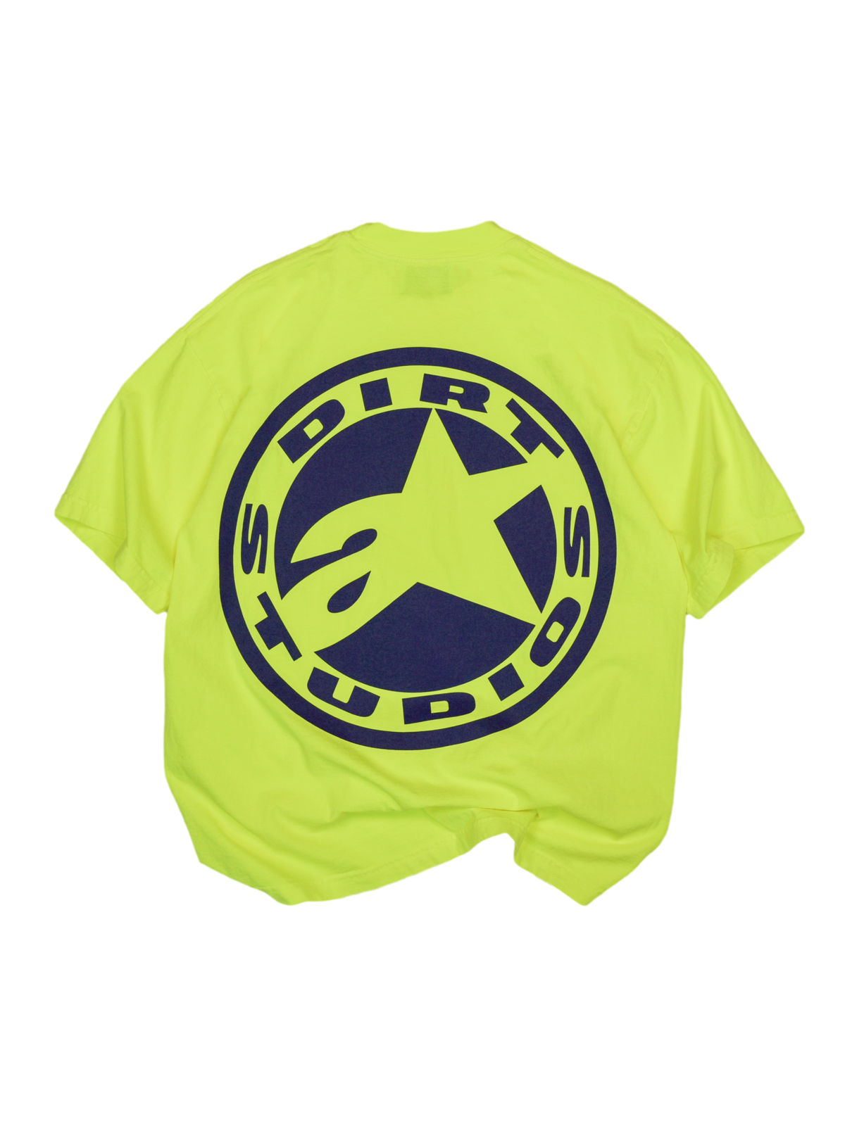 Camiseta Alpinestars x Dirt Studios Tech Series, edición limitada, amarillo fluorescente con logo azul marino en la espalda.