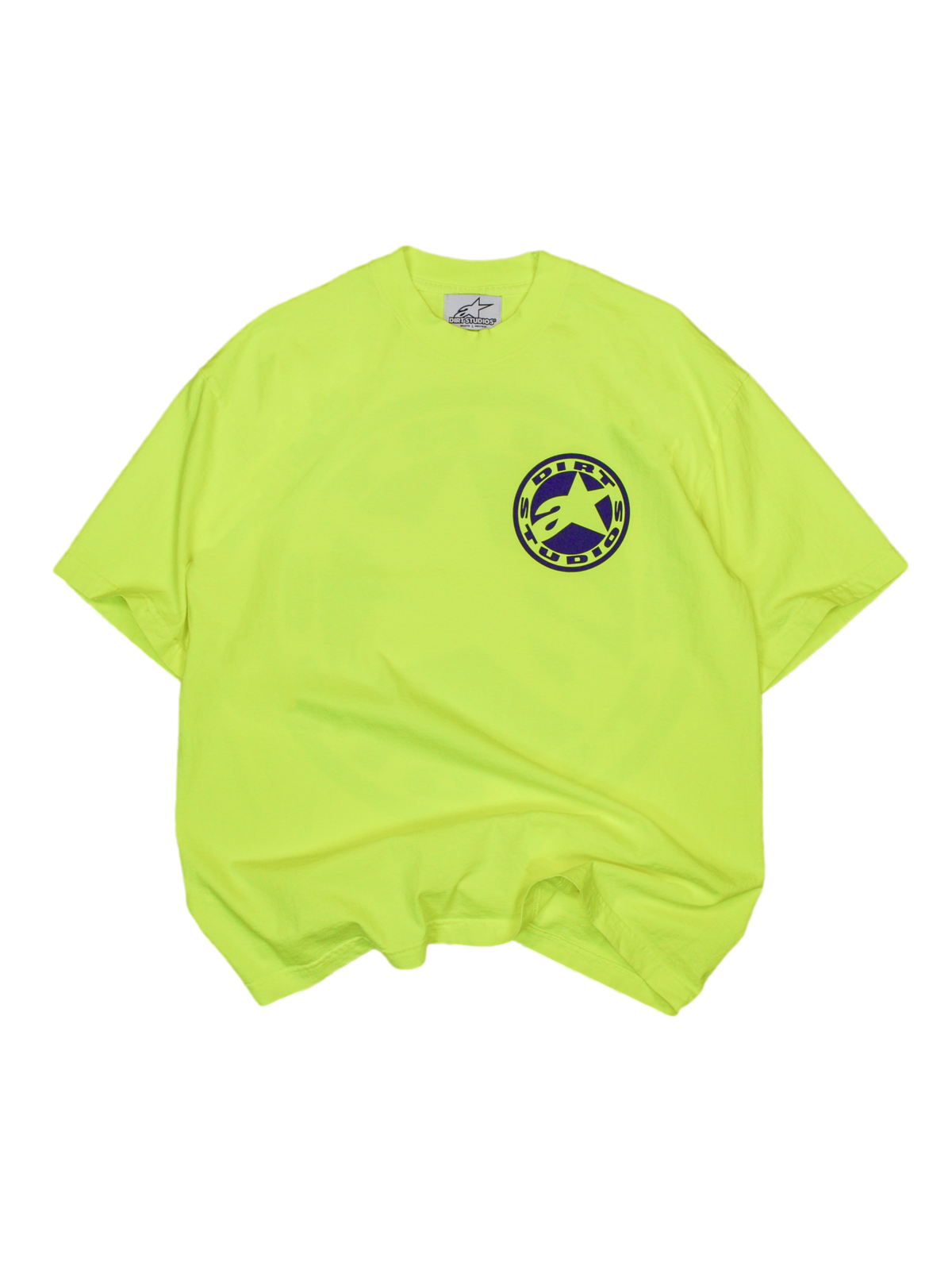 Camiseta Alpinestars x Dirt Studios Tech Series para hombre, amarillo fluorescente, algodón con logo circular en el pecho.