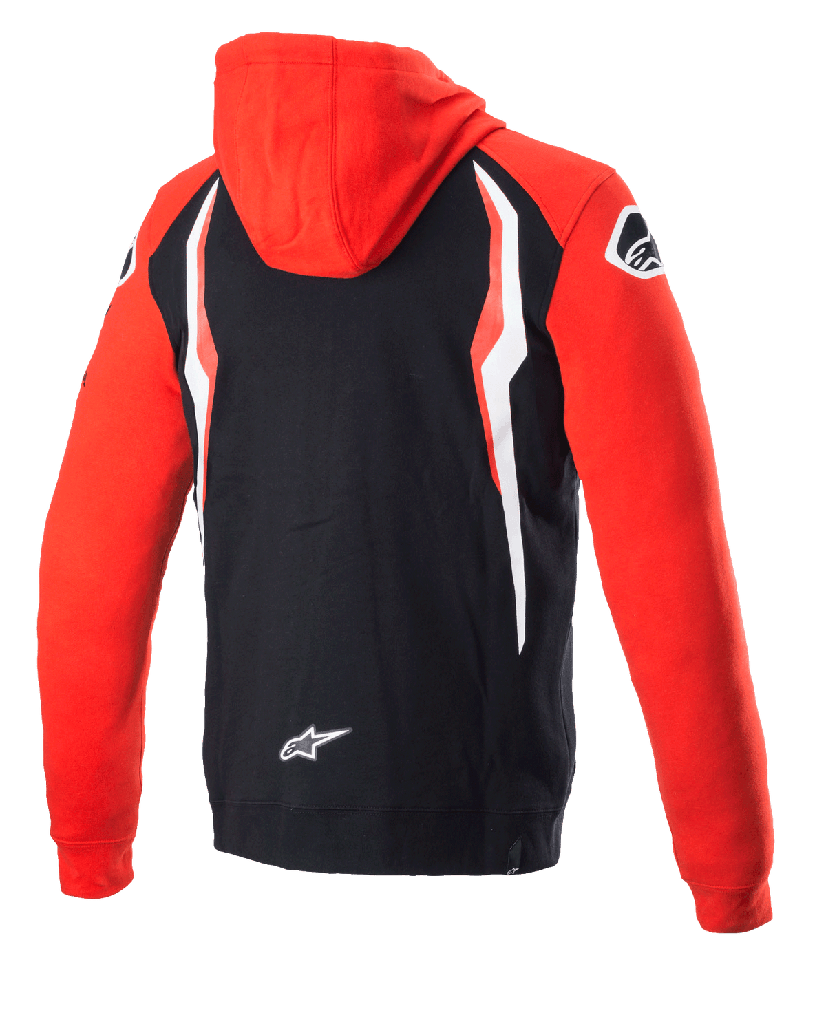 Alpinestars Honda Zip Hoodie, rojo y negro, vista trasera, forro polar de marca compartida con capucha y mangas rojas, espalda negra con paneles de contraste blancos y rojos, logotipo de la estrella de Alpinestars en la parte inferior de la espalda, ropa urbana casual inspirada en el automovilismo