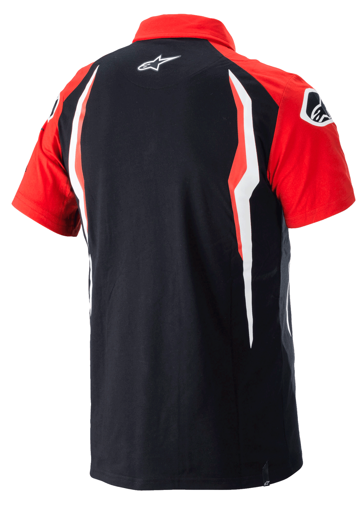 Alpinestars Honda Polo, polo de manga corta, rojo y negro, vista trasera con paneles laterales en contraste y logotipo de Alpinestars en la espalda, ropa deportiva casual de motorsport