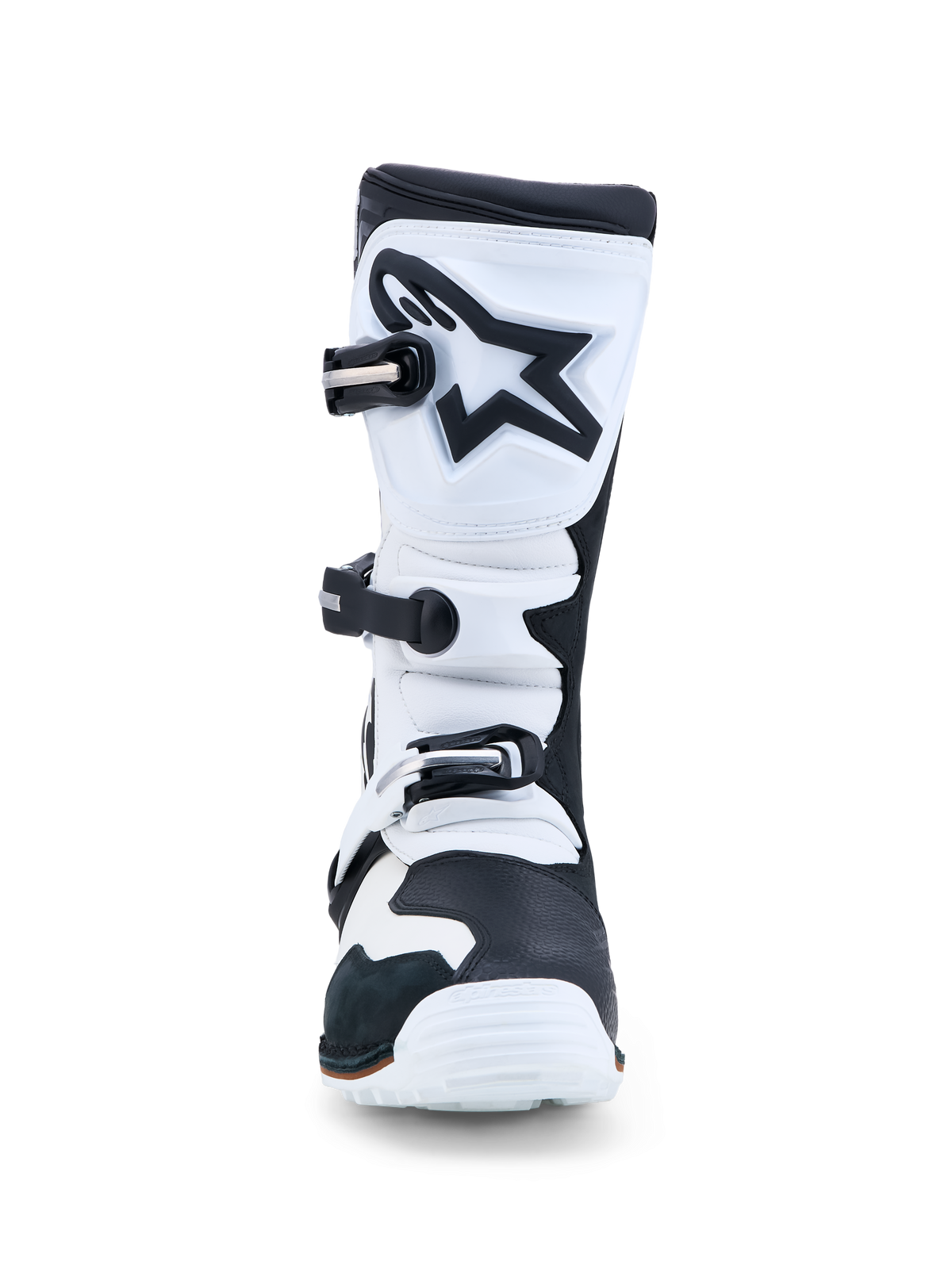 Alpinestars Tech-T Boots, trials motorcycle boots for men, black and white leather, TPU shin protection, CE certified.