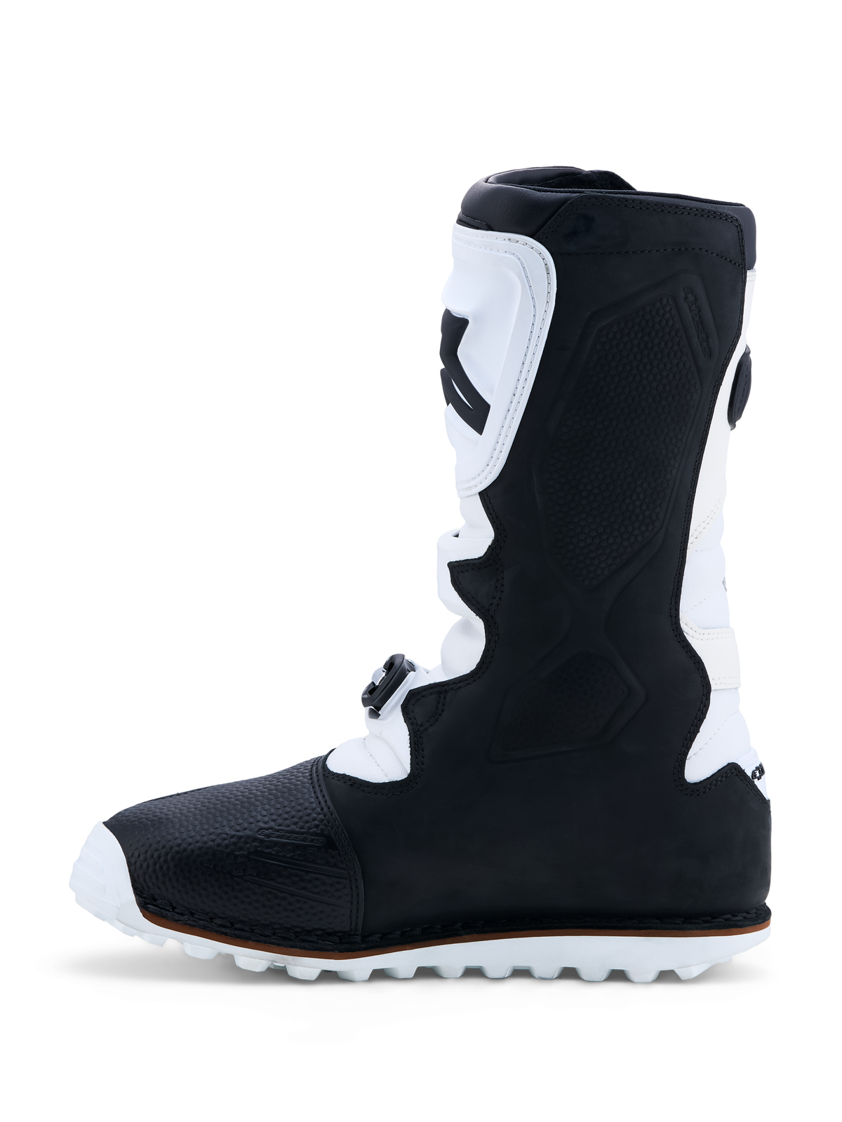 Alpinestars Tech-T Boots, Trials Motorcycle Boots, Men's, Black and White, Leather with TPU shinplate and high-grip sole.