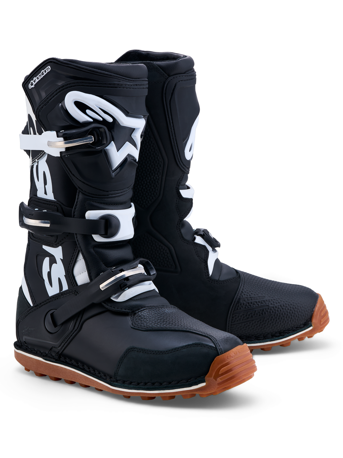 Alpinestars Tech-T Boots, Trials Riding, Men's, Black and White, Leather with TPU shinplate and high-grip gum rubber sole.