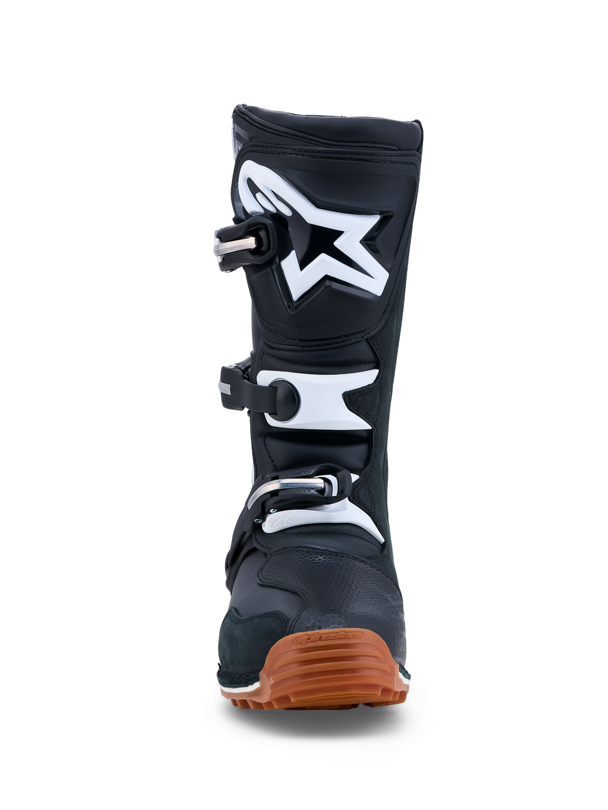 Alpinestars Tech-T Boots, Men's Black and White trials motorcycle boots with a leather build and high-grip gum sole.