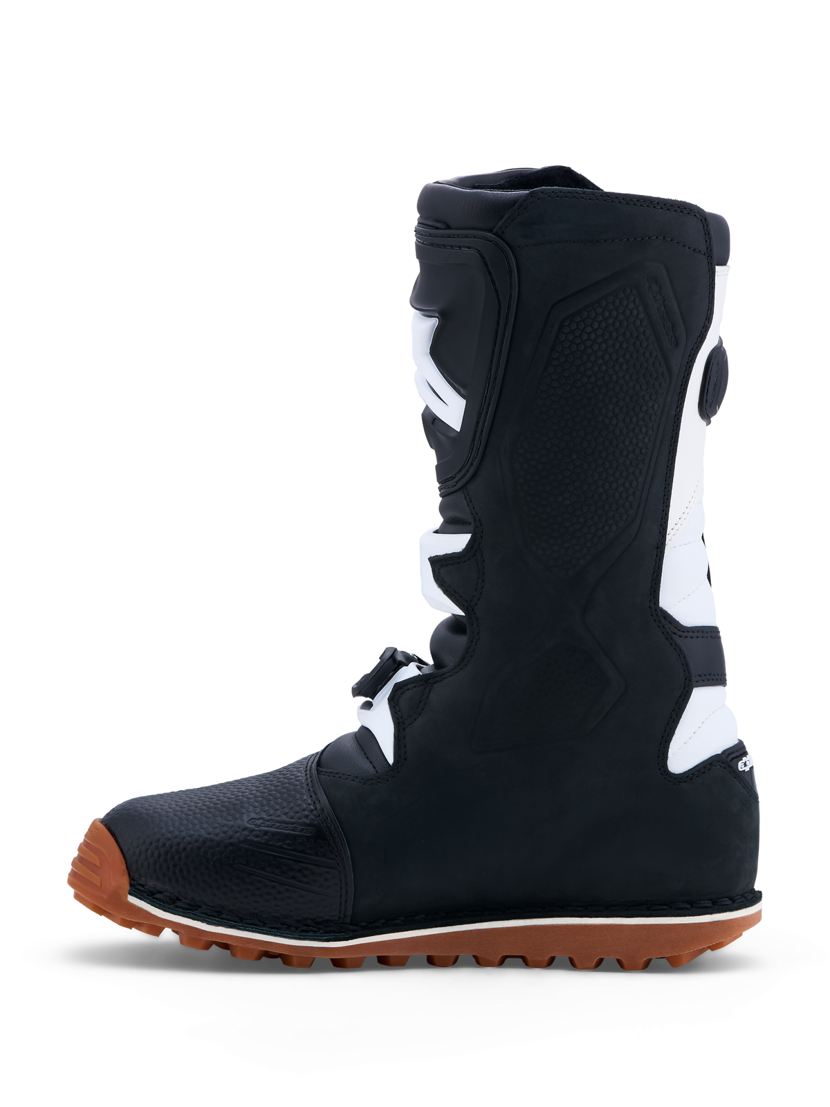 Alpinestars Tech-T Trials Boots in black and white leather, featuring a high-grip gum sole and CE certified protection.