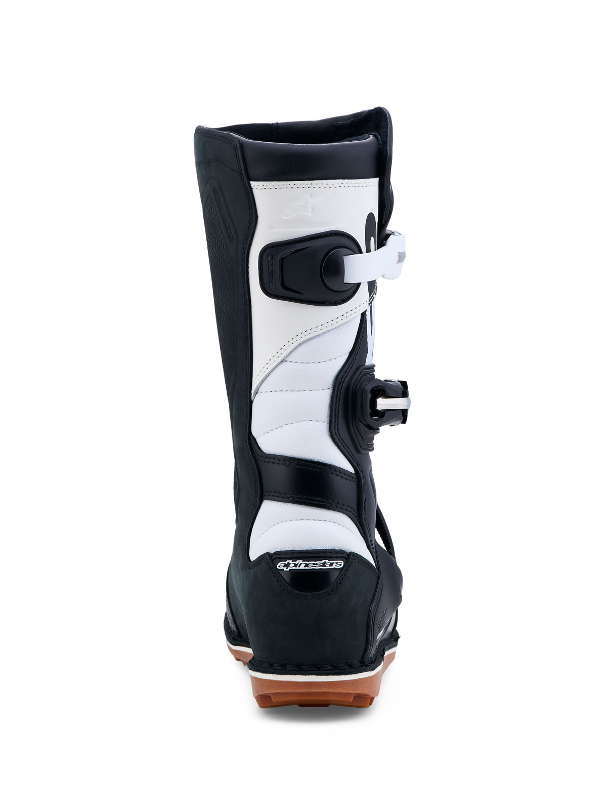 Alpinestars Tech-T Boots, Trials Riding Boots, Black and White, CE Certified leather construction with gum sole, back view.