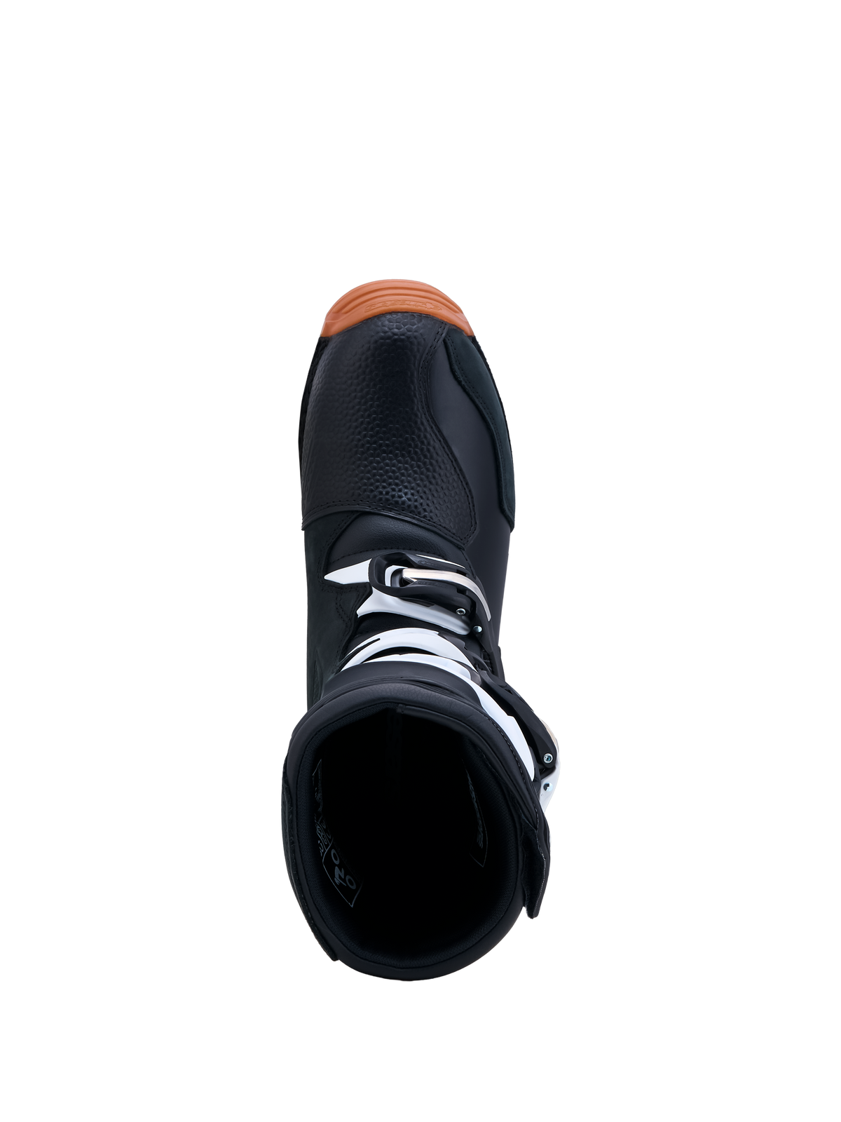 Alpinestars Tech-T Trials Boots, black and white with a gum sole, top-down view showing the entry aperture and buckles.