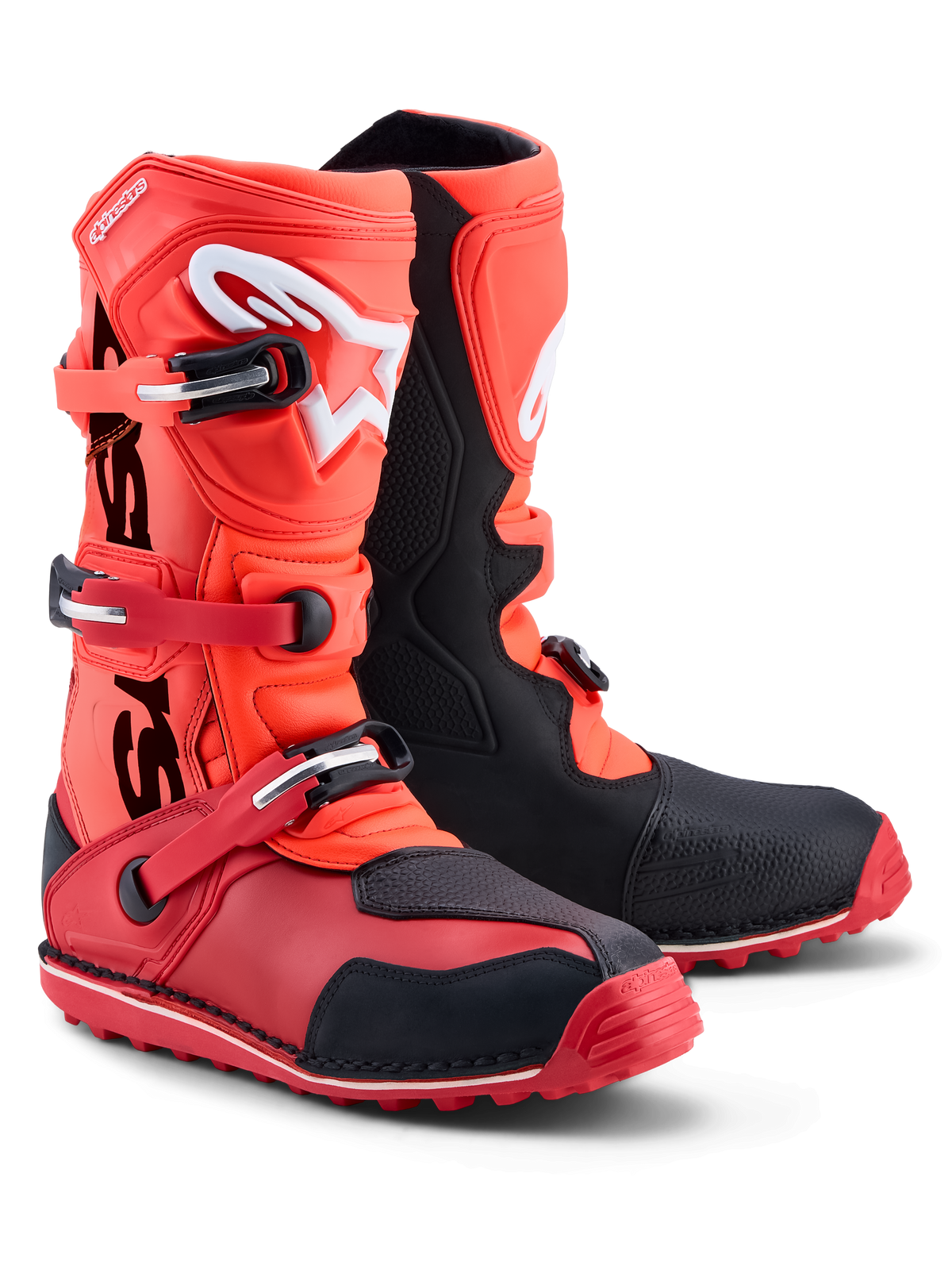 Alpinestars Tech-T Boots, Trials Motorcycle Boots in Red Fluo and Black, CE Certified leather and microfiber construction with high-grip trials sole and TPU shinplate protection.