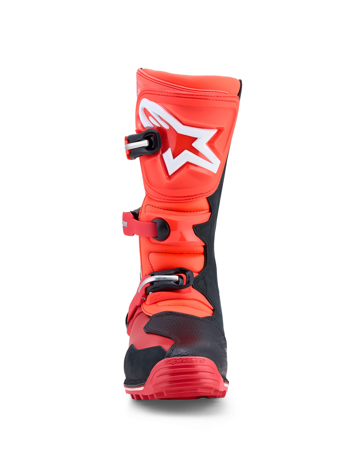 Alpinestars Tech-T Boots, trials riding boots in fluorescent red and black leather with high-impact TPU shin plates.