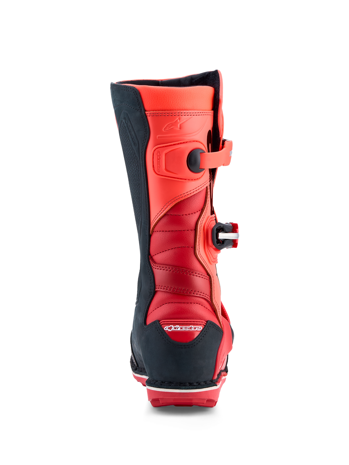 Alpinestars Tech-T Trials Boots in red fluo and black leather, featuring rear accordion flex zones and CE certified TPU.