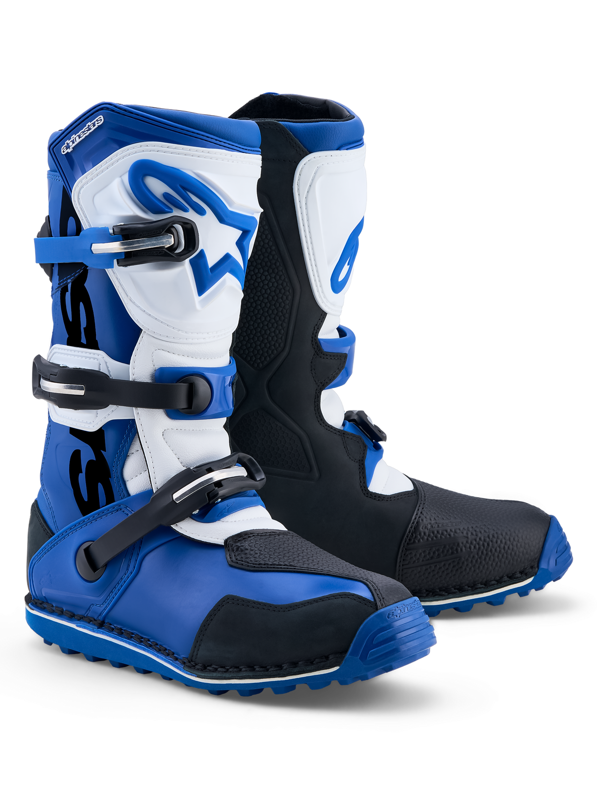 Alpinestars Tech-T Boots, men's trials motorcycle boots in dark blue, black, and white with leather upper and TPU protection.
