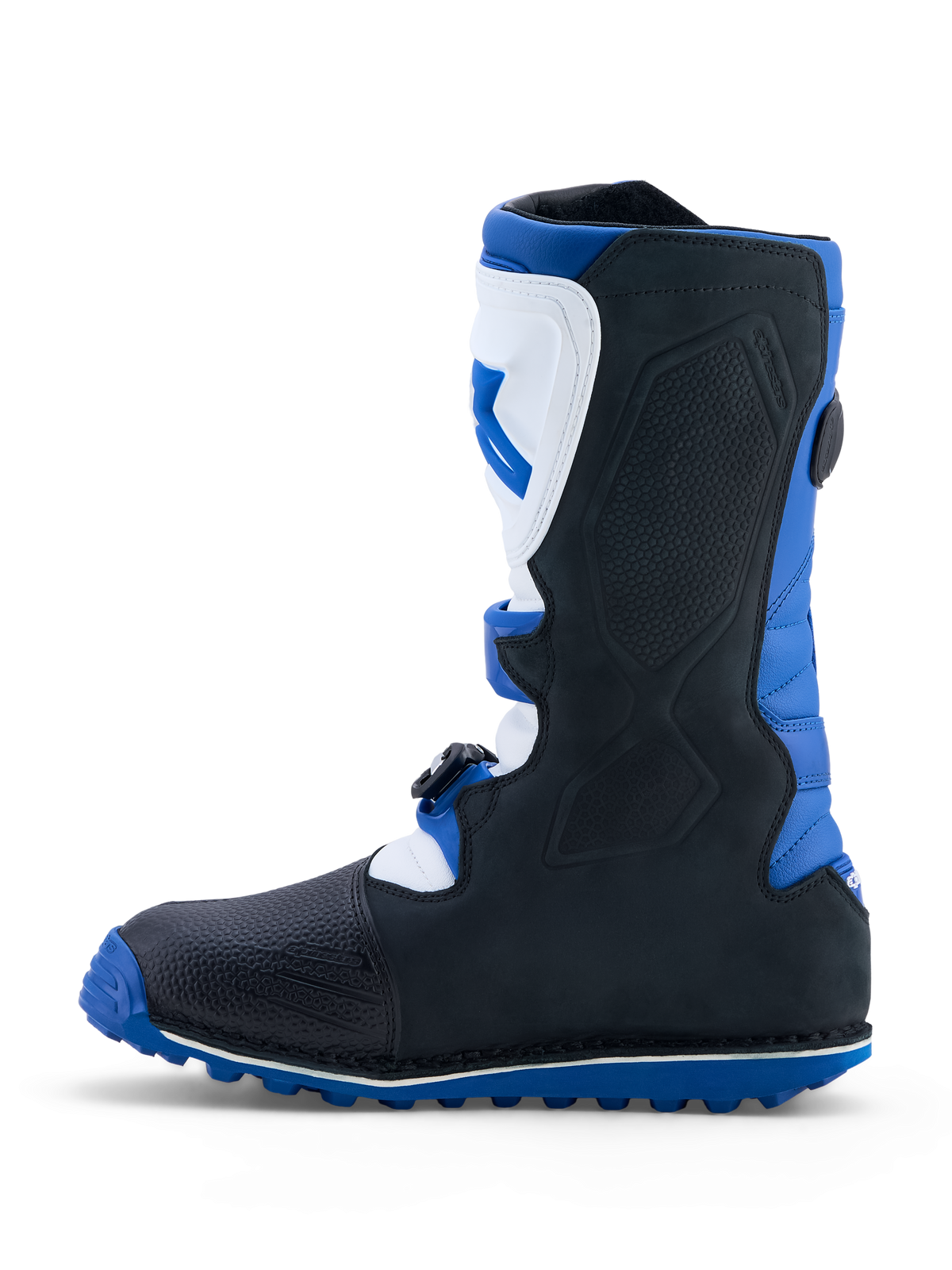 Alpinestars Tech-T Boots, Men's Dark Blue, Black and White trials motorcycle boots with TPU shin plates and high-grip soles.