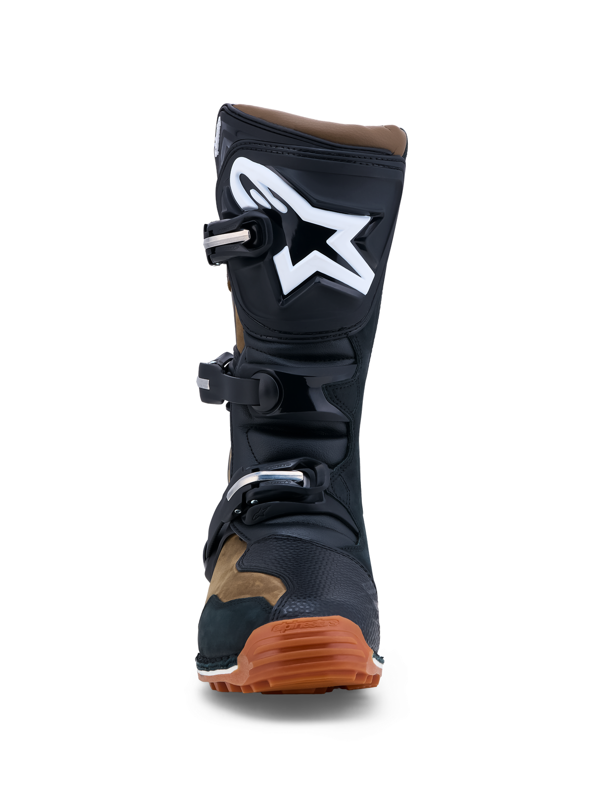Alpinestars Tech-T Men's Trials Boots feature brown and black leather, white logo, TPU shin plate, and gum rubber sole.