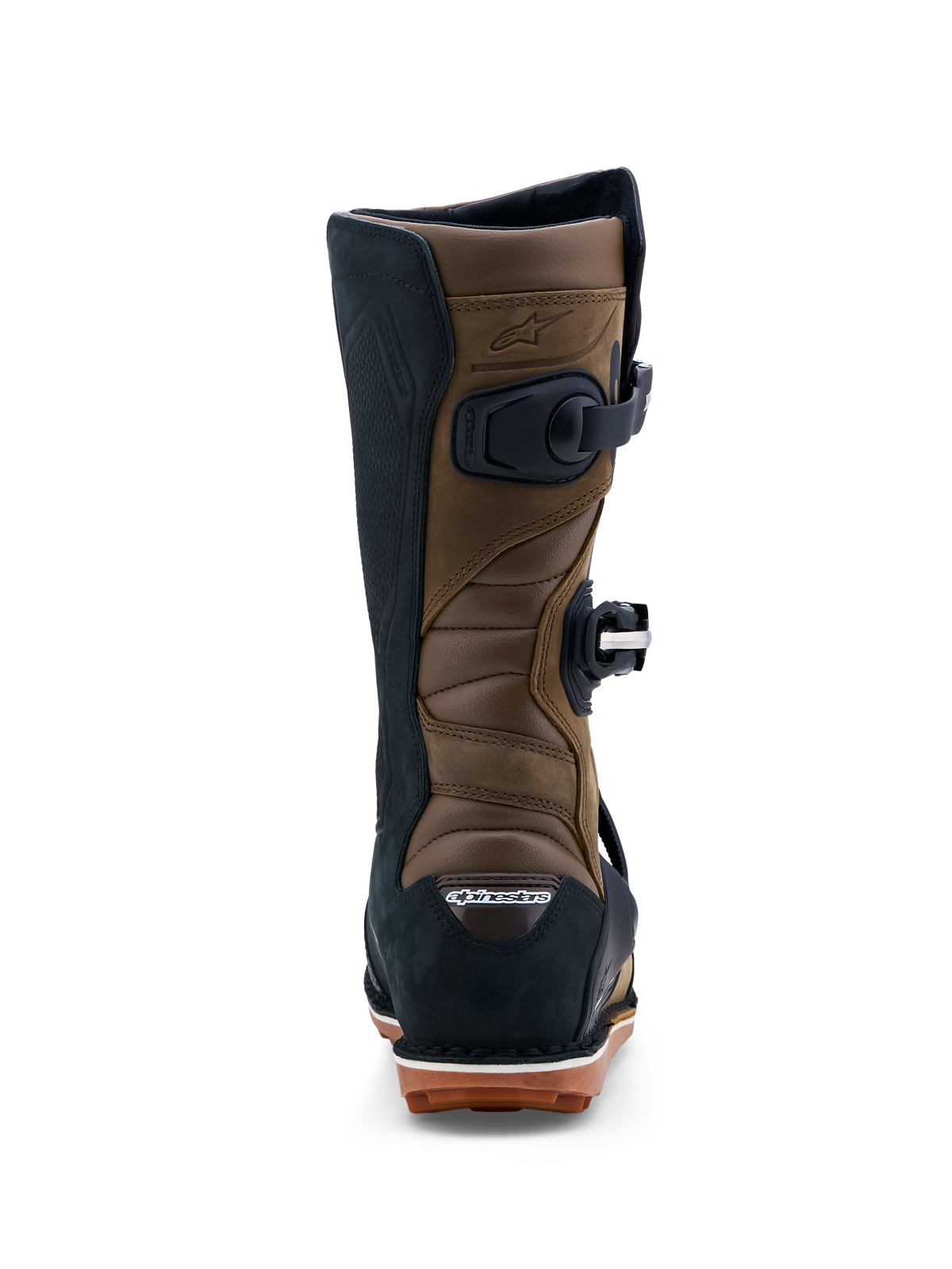Alpinestars Tech-T Boots, Men's Trials Motorcycle Boots, Brown and Black leather with accordion flex zones and gum sole.