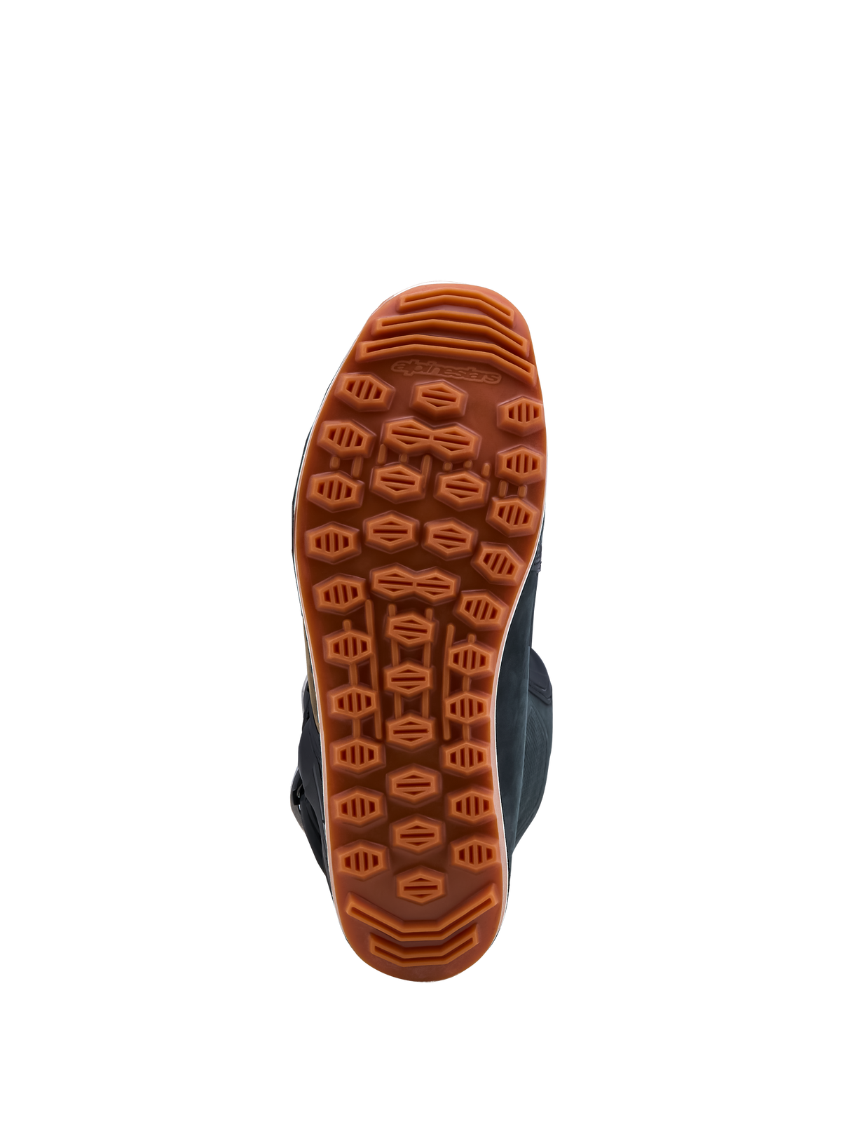 Alpinestars Tech-T Boots, high-grip brown gum rubber sole featuring a rough-terrain tread for trials riding.