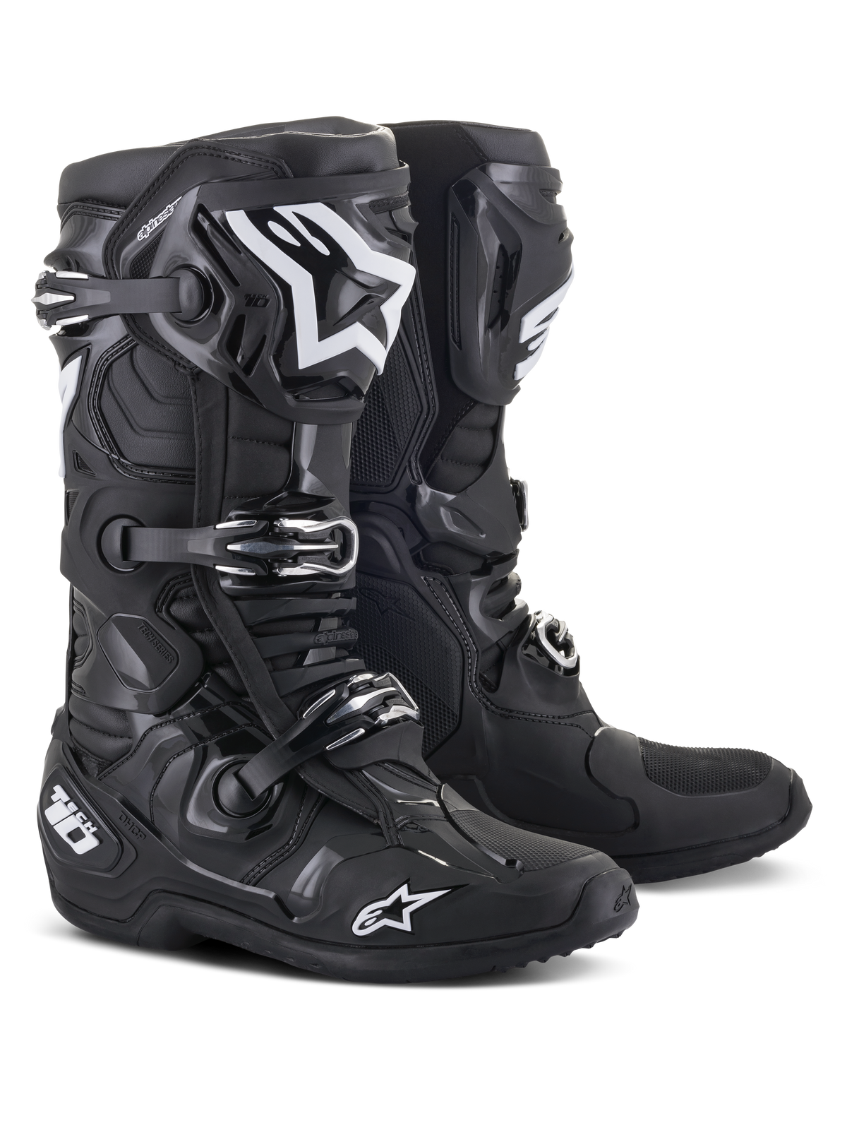 Alpinestars Tech 10 Boots, Motocross Boots, Black, featuring white Alpinestars logos, triple buckle closure system, rugged TPU shell with reinforced ankle protection, streamlined design for high-performance off-road racing