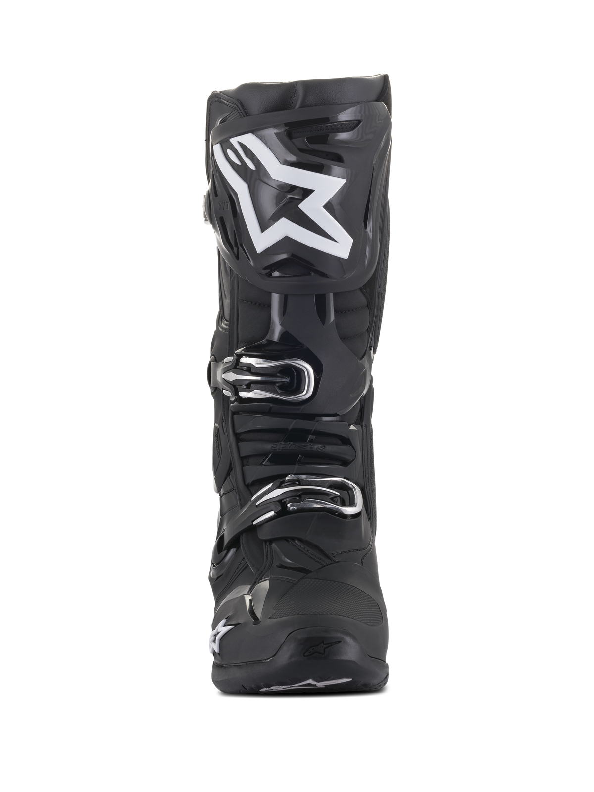 Alpinestars Tech 10 Boots, Motocross Boots, Black with large white star logo on the shin, front view, featuring silver buckles and advanced TPU shell construction for off-road protection.