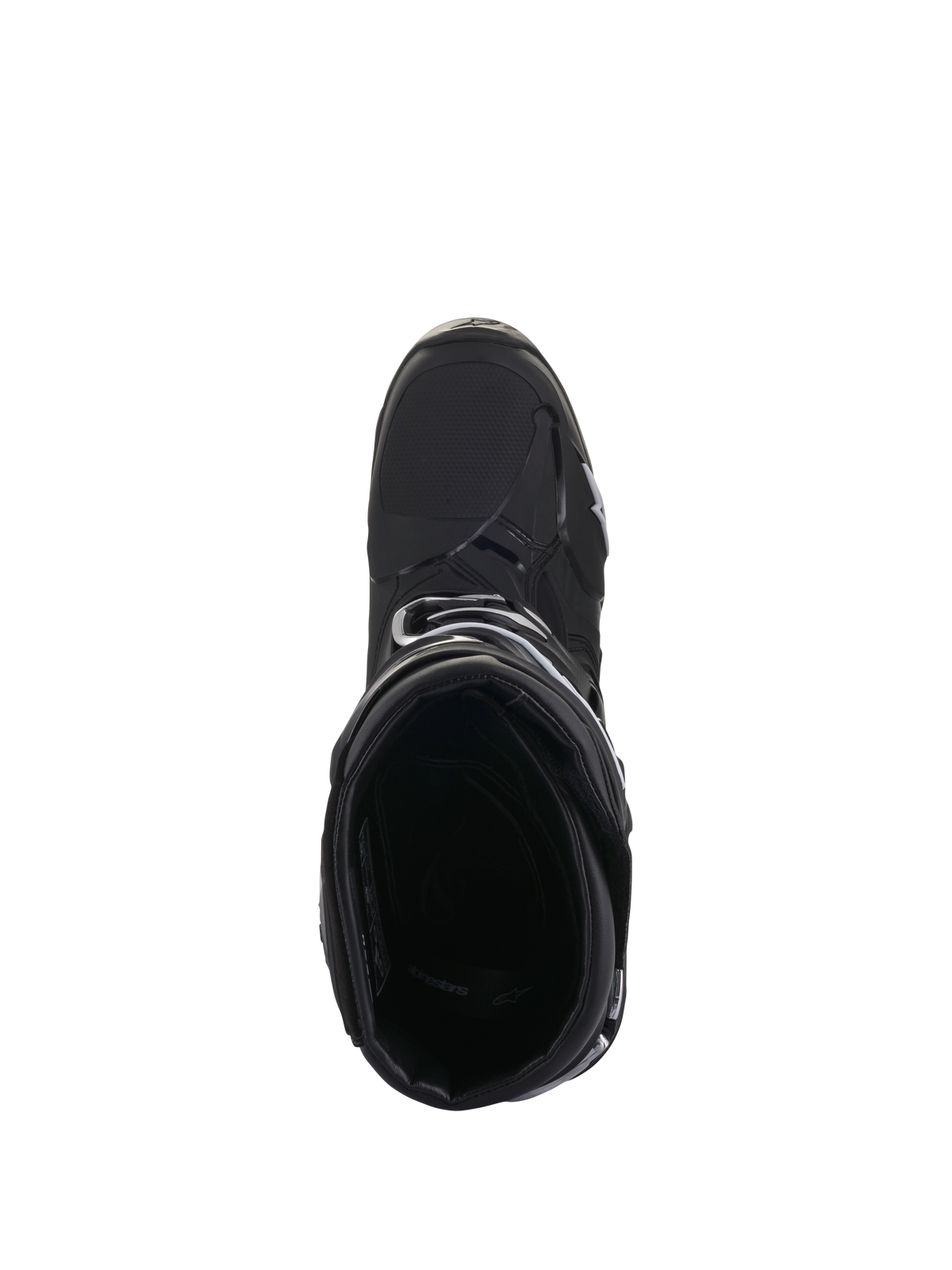 Alpinestars Tech 10 Boots, Motocross Boots, Black, top-down view showing interior padding and streamlined outer shell, high-performance design for off-road racing