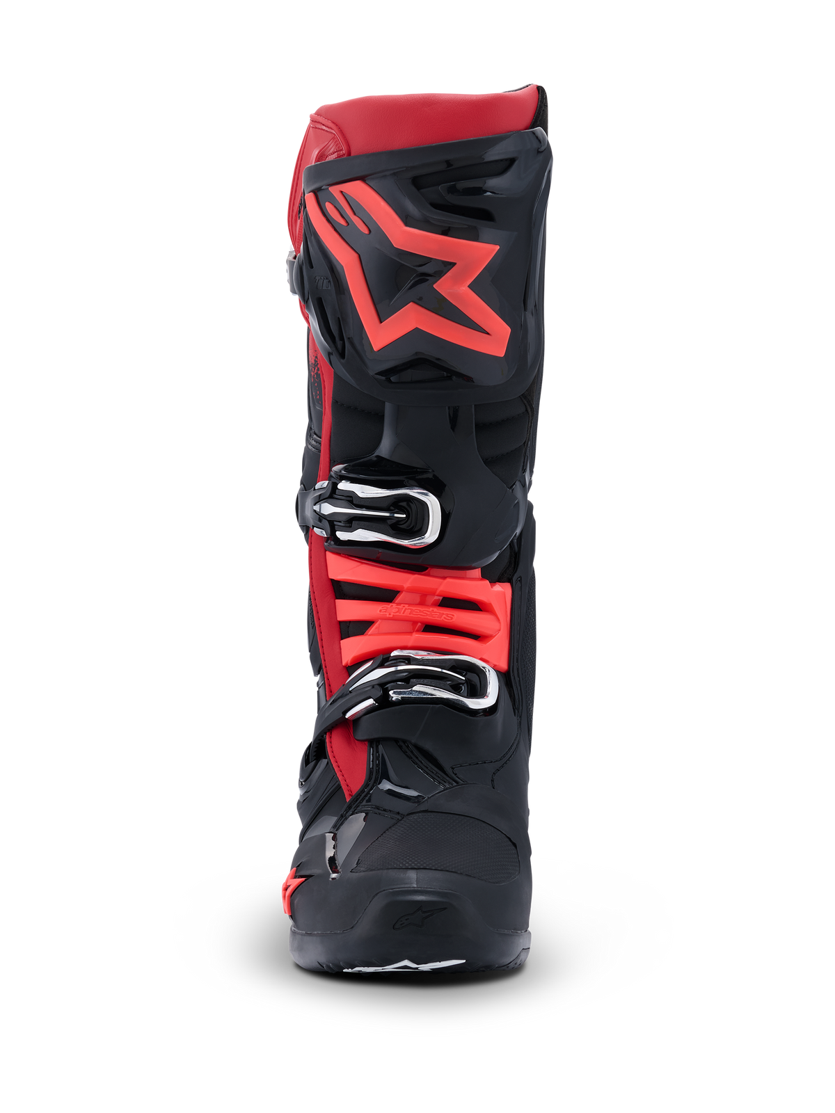 Alpinestars Tech 10 Boots, Motocross Boots, Black and Red, front view featuring large red star logo on the shin plate and silver buckle closures, advanced protective gear for off-road racing