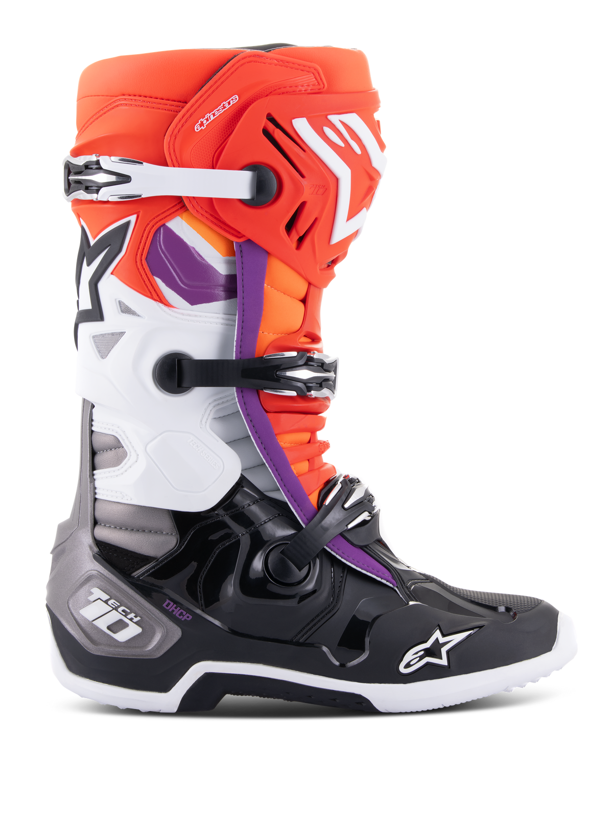Botas Alpinestars Tech 10, botas de motocross, en color negro, naranja flúor, blanco y detalles en púrpura, con sistema de cierre de triple hebilla, logos de estrella en la espinilla y la punta, y protección de talón DHCP, vista de perfil de calzado de competición todoterreno.