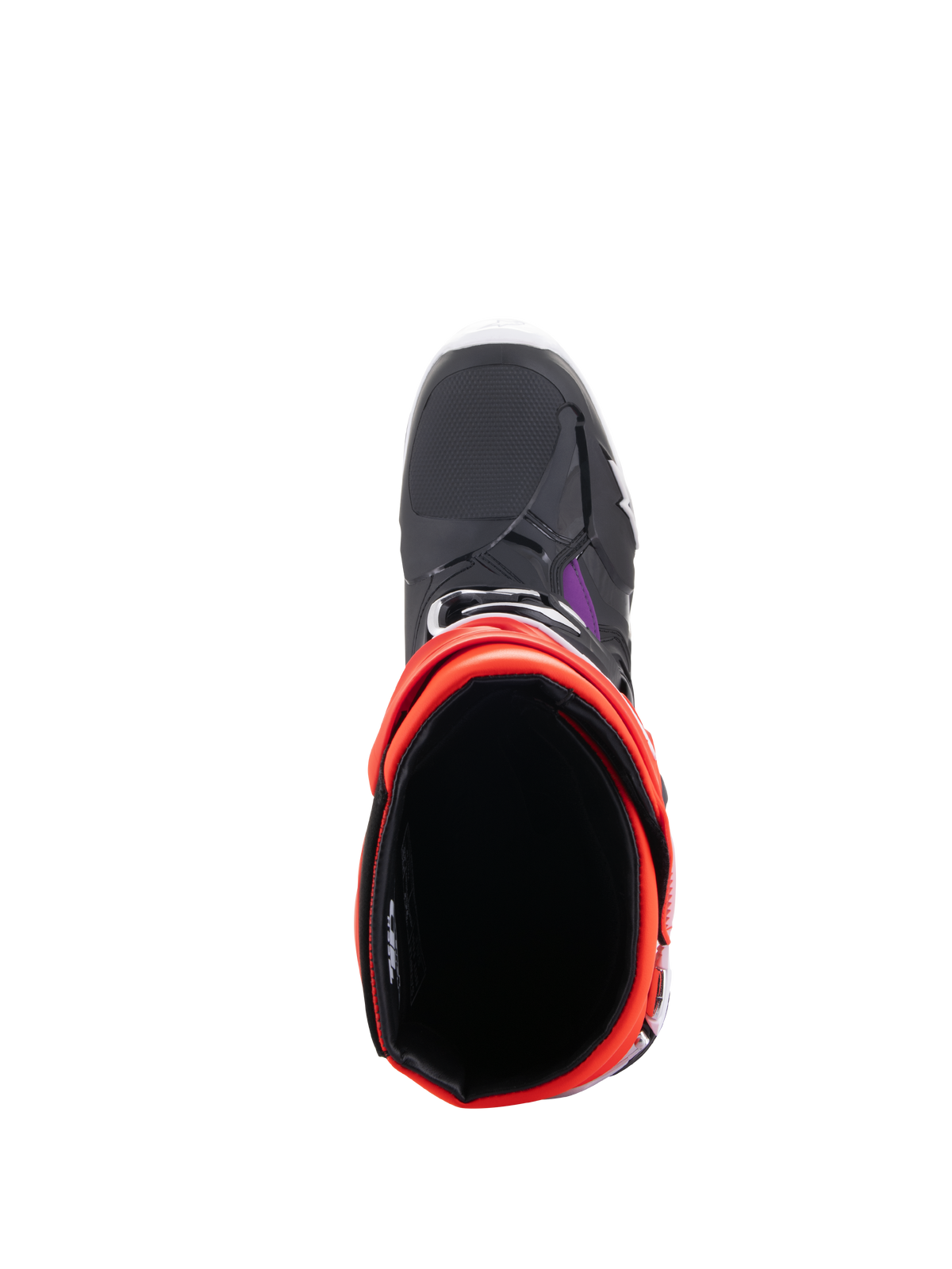 Botas Alpinestars Tech 10, botas de motocross, negro, rojo flúor, naranja flúor y blanco, vista superior que muestra la apertura interior y la puntera, calzado protector para todoterreno