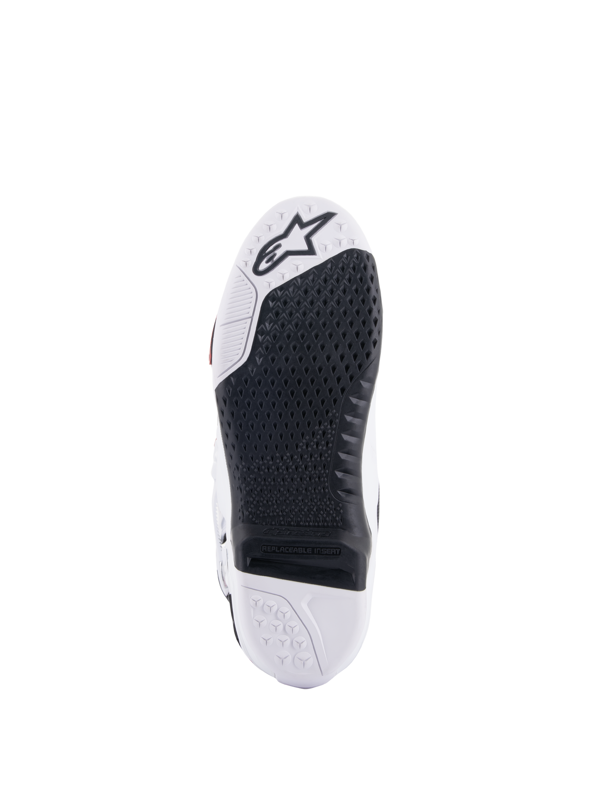 Botas Alpinestars Tech 10, botas de motocross, vista inferior que muestra el inserto central reemplazable negro y la suela blanca, patrón de agarre texturizado, logotipo de la estrella de Alpinestars en la zona de la puntera, calzado duradero para todoterreno