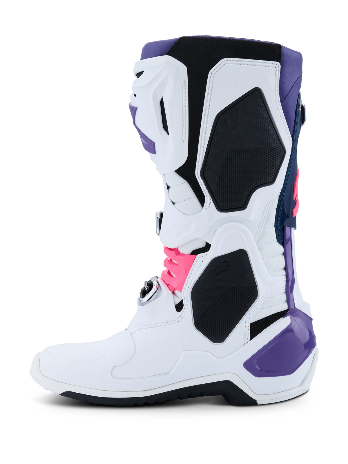 Alpinestars Tech 10 Boots, Motocross Boots, White Violet Navy Blue and Pink Fluo, side profile featuring a white main chassis with violet, navy, and neon pink accents, protective TPU panels, and a sleek design for off-road performance