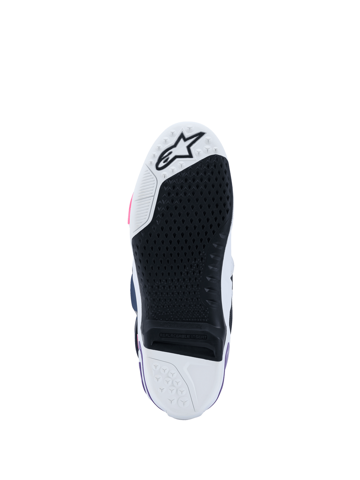 Alpinestars Tech 10 Boots, bottom sole view, White Violet Navy Blue and Pink Fluo, high-grip black rubber tread with replaceable central insert, white toe and heel with star logo, professional motocross footwear
