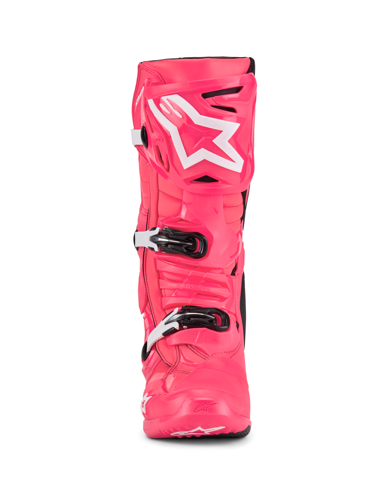 Alpinestars Tech 10 Boots, Motocross Boots, Diva Pink and White, front view, featuring white star logo on the shin plate, durable TPU shell with black and white buckles, professional off-road racing footwear