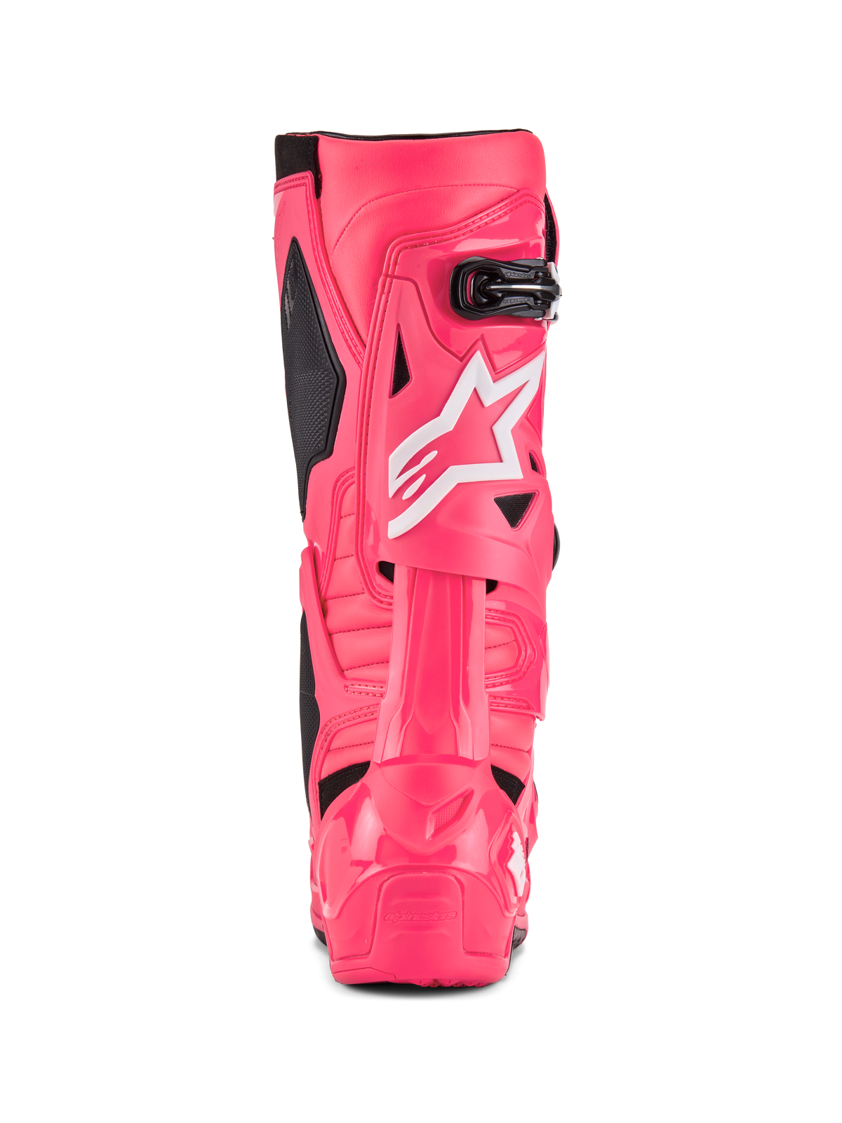 Alpinestars Tech 10 Boots, Motocross Boots, Diva Pink and White, rear view featuring white Alpinestars star logo, black accents, and structured heel and calf protection, professional off-road racing footwear