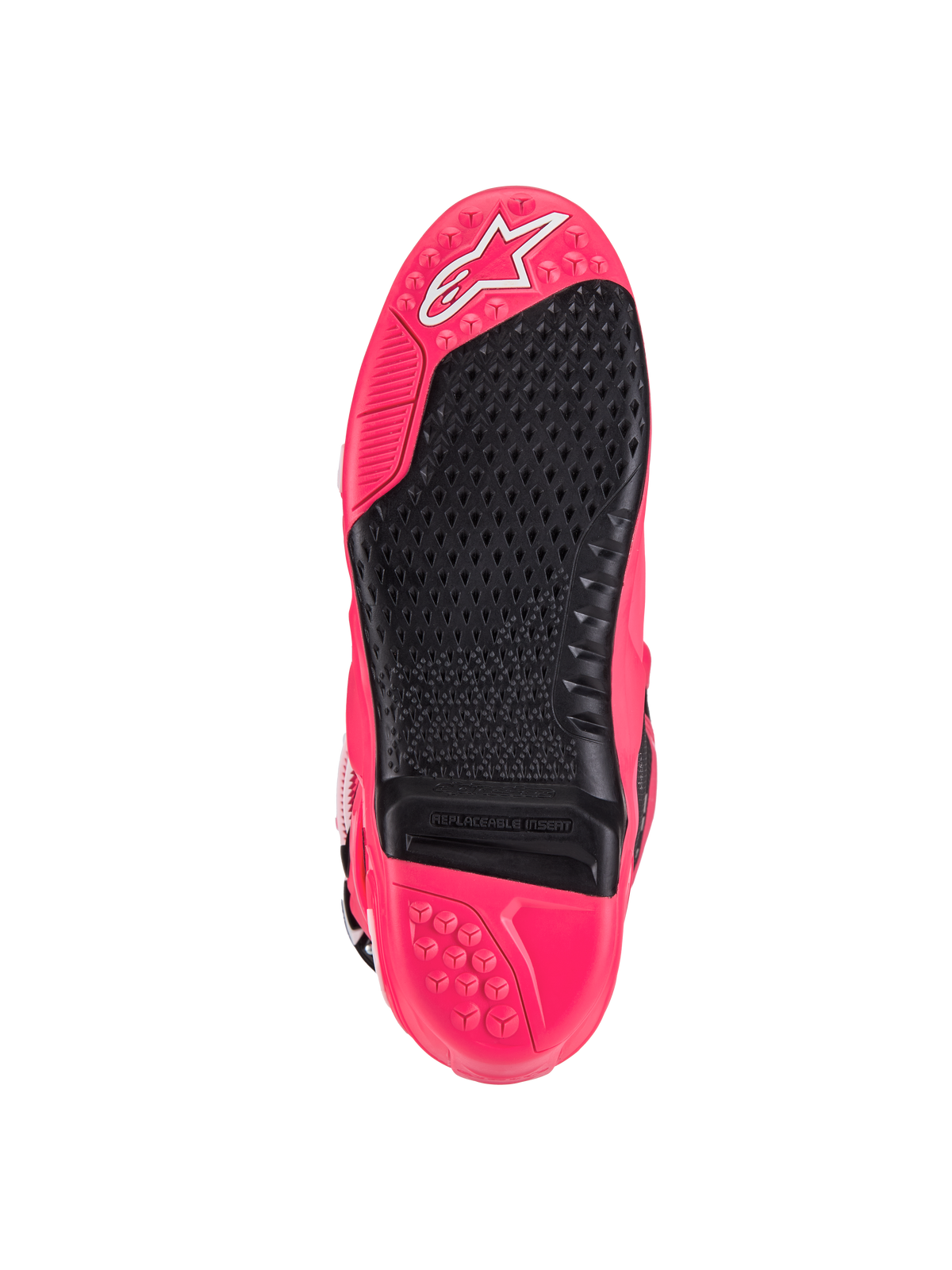 Alpinestars Tech 10 Boots, Motocross Boots, Diva Pink and Black, bottom sole view featuring textured tread, replaceable footpeg insert, and signature Astars logo, designed for superior grip and durability.