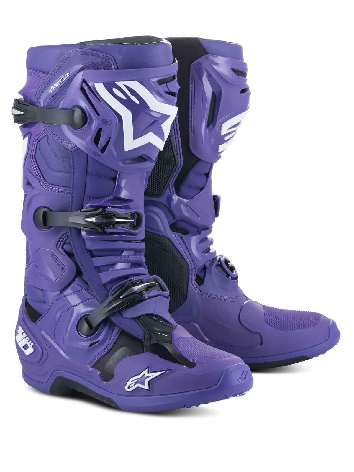 Botas de motocross Alpinestars Tech 10, color púrpura ultravioleta con detalles en negro y blanco, sistema de cierre de triple hebilla, carcasa protectora de TPU y logos de estrella Alpinestars, calzado de alto rendimiento para todoterreno
