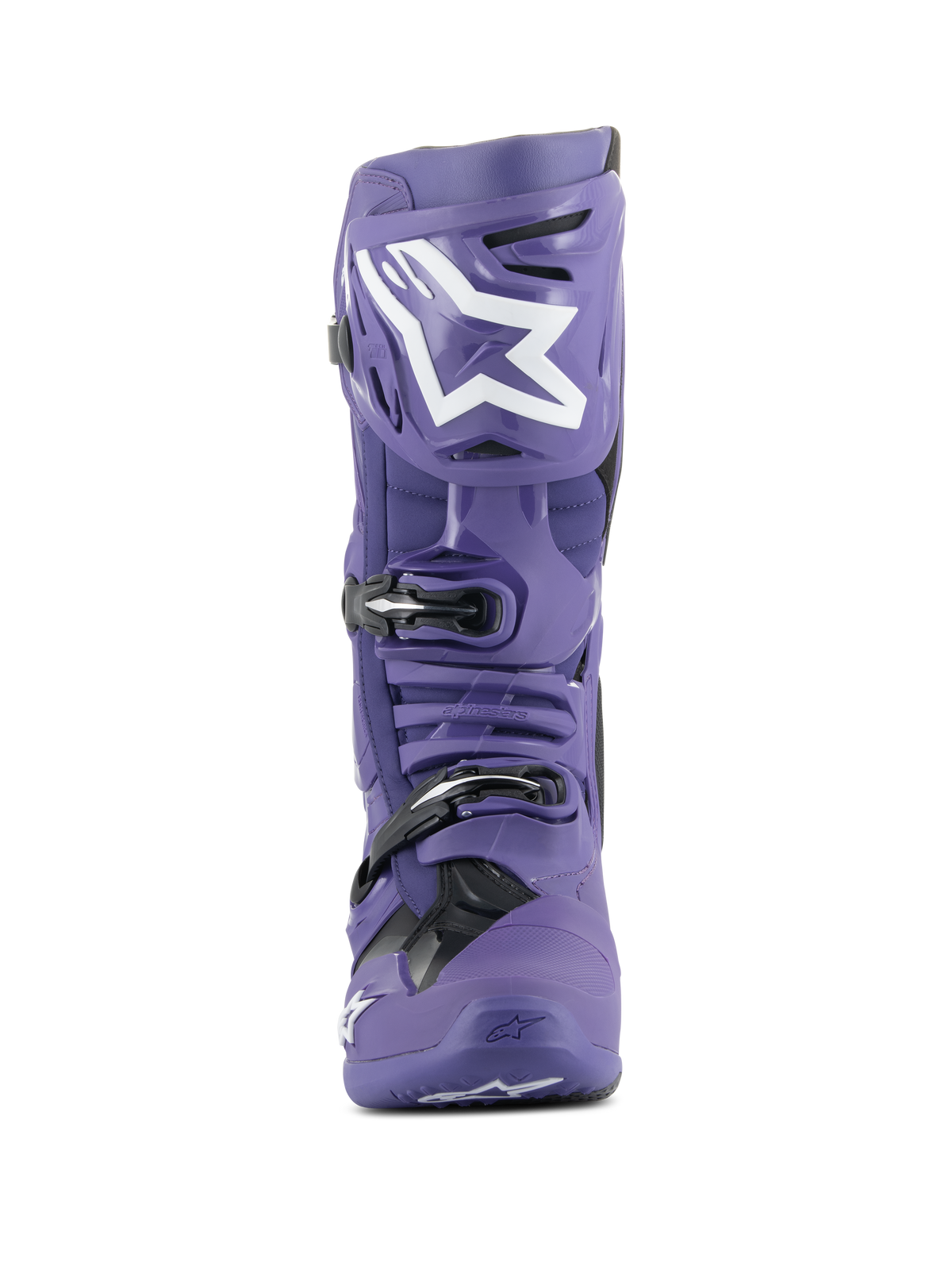Botas Alpinestars Tech 10, botas de motocross, violeta ultravioleta y negro, vista frontal, con el logo de Alpinestars en blanco en la espinilla, sistema de cierre de triple hebilla, carcasa de TPU duradera para carreras todoterreno