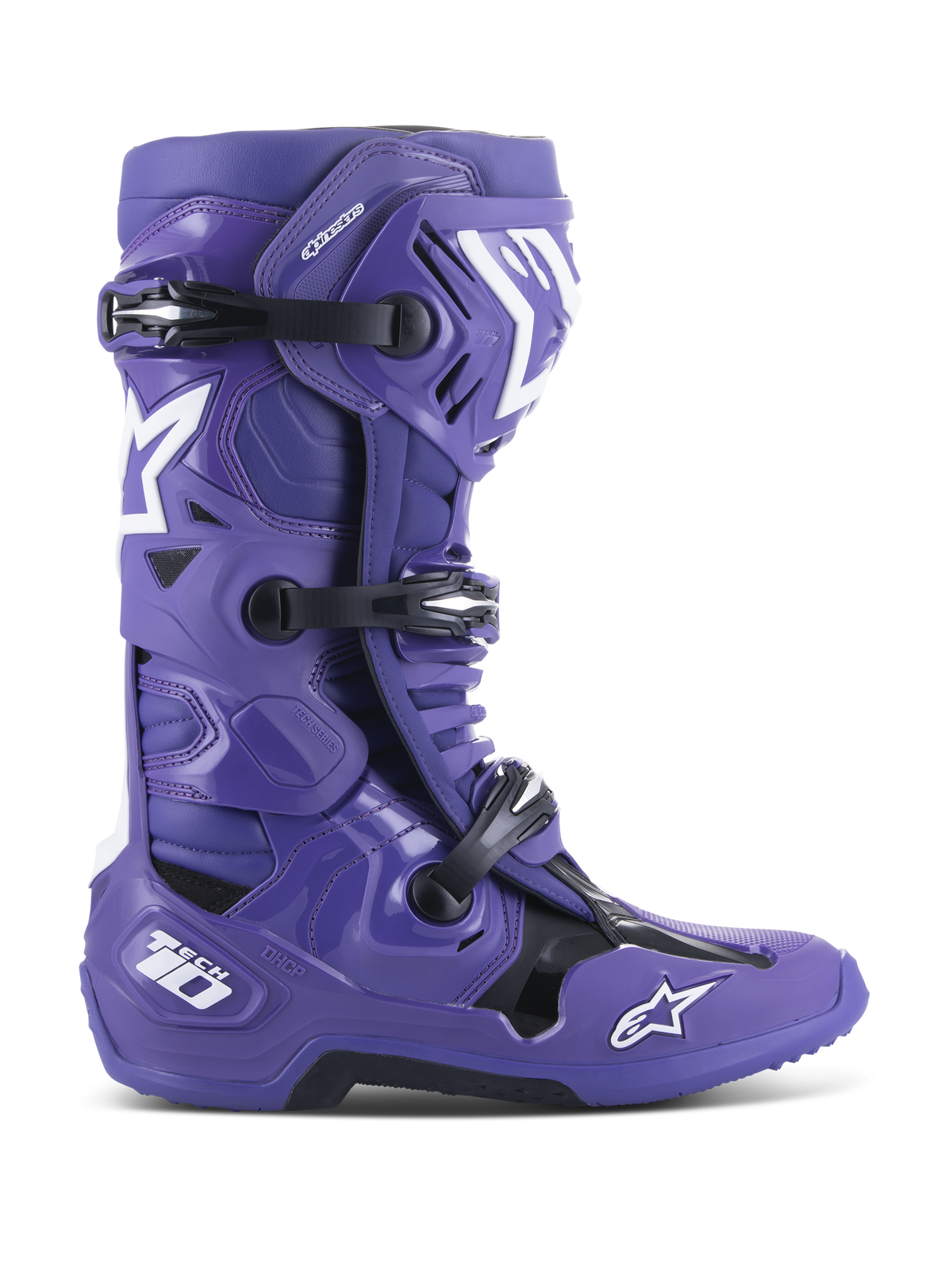 Botas Alpinestars Tech 10, botas de motocross todoterreno, púrpura ultravioleta con acentos en negro y blanco, con sistema de cierre de triple hebilla, logotipos de estrella blancos, marca Tech 10 en el talón, suela robusta, calzado de protección de alto rendimiento