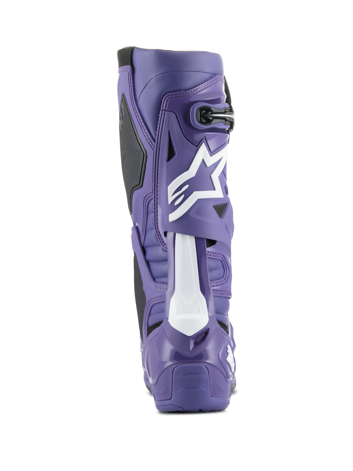 Bota de motocross Alpinestars Tech 10, ultravioleta y negro, vista trasera que muestra la carcasa de TPU de alta densidad, logotipo Astars blanco en la pantorrilla y talón reforzado para carreras off-road