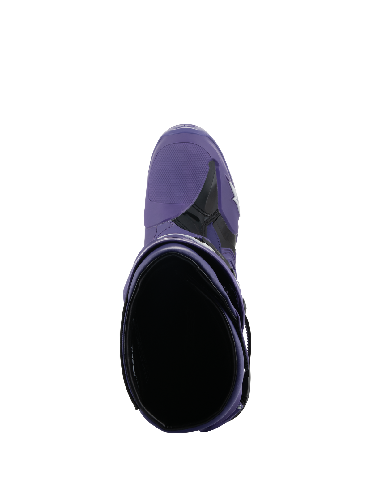 Botas Alpinestars Tech 10, botas de motocross, Ultraviolet Black, vista superior del interior de la bota, construcción en microfibra púrpura y TPU negro con logo blanco, calzado profesional para carreras off-road