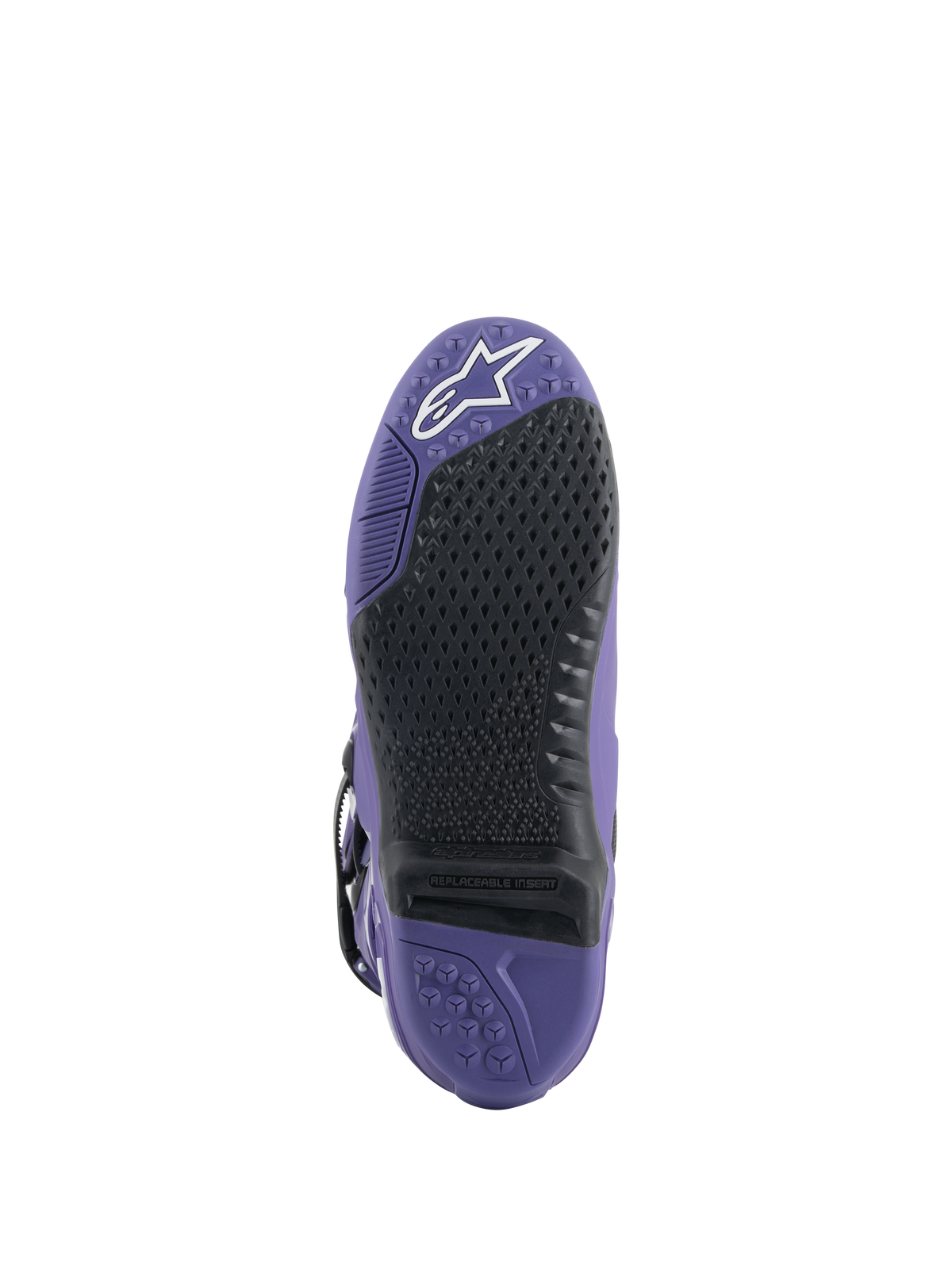 Botas Alpinestars Tech 10, botas de motocross, Ultraviolet Black, vista de la suela con inserto de agarre negro reemplazable, suela púrpura con patrones texturizados y logotipo de estrella blanca en la puntera