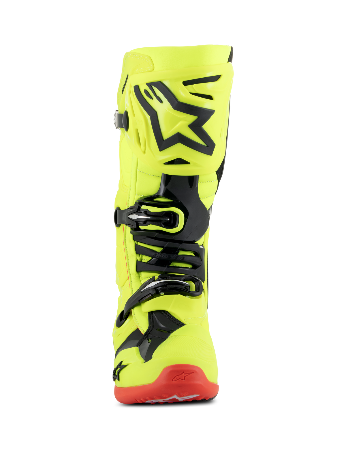 Alpinestars Tech 10 Boots, Motocross Boots, Yellow Fluo Black and Red Fluo, front-facing view, bright yellow fluorescent chassis with black TPU accents and buckle system, red sole, advanced off-road racing footwear