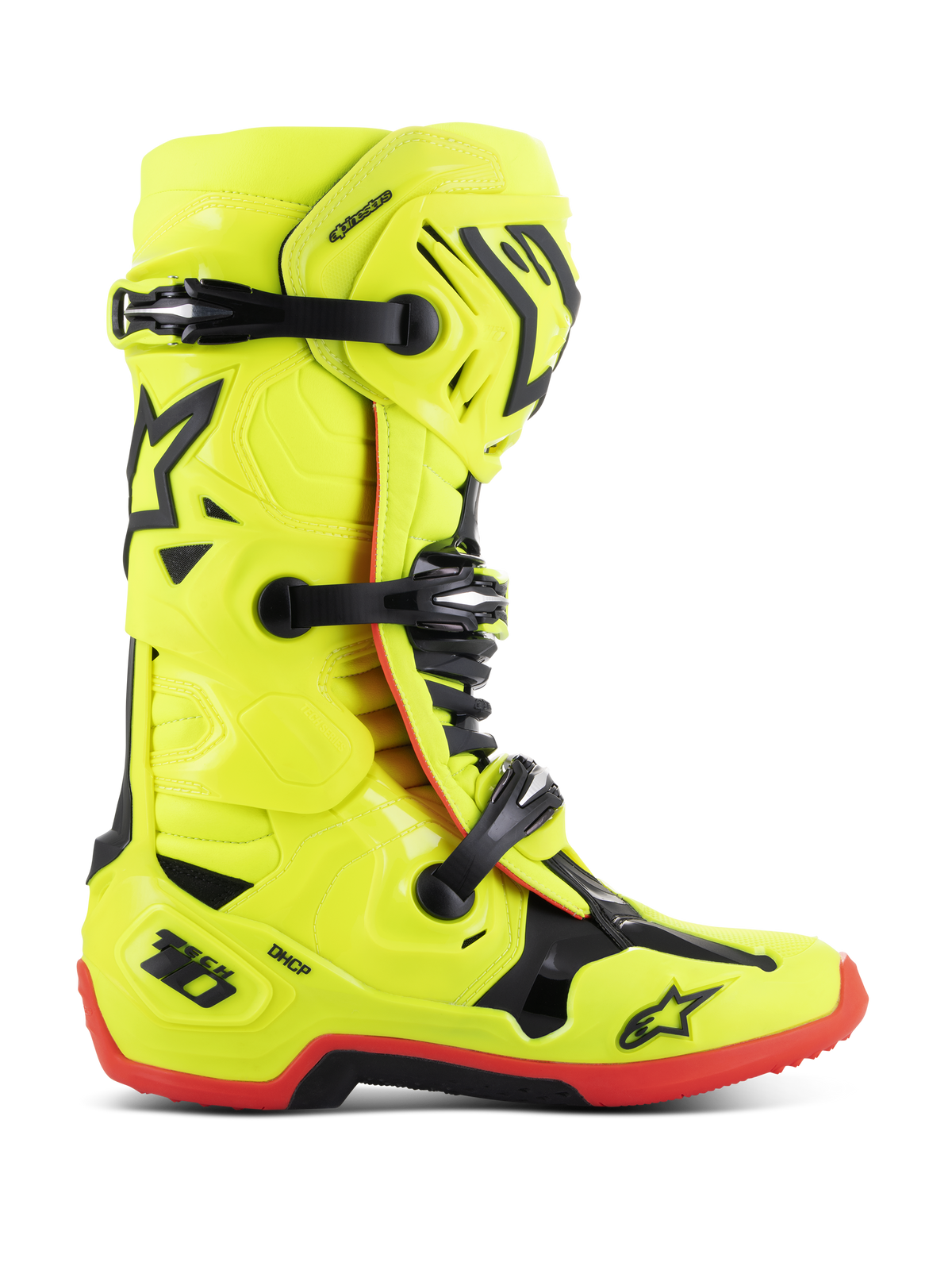Alpinestars Tech 10 Boots, Motocross Racing Boots, Yellow Fluo with Black and Red accents, side profile view featuring triple buckle closure, reinforced shin plate, red high-traction sole, and DHCP heel protection, professional off-road motorcycle gear