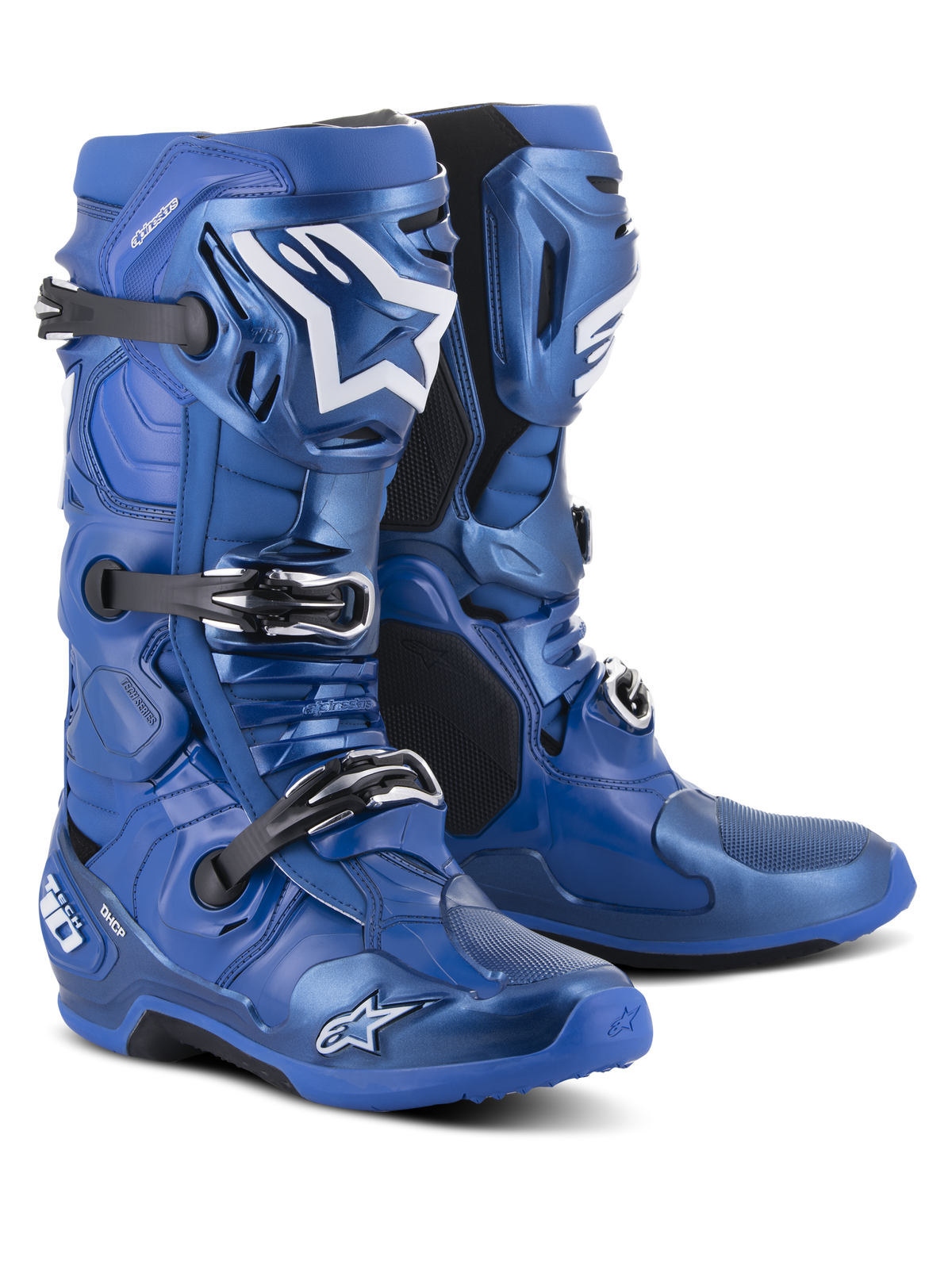 Botas Alpinestars Tech 10, botas de motocross, azul y negro, con un sistema de cierre de triple hebilla, logotipo de estrella de Alpinestars en blanco en la espinilla, carcasa de TPU resistente y suela reforzada para un rendimiento todoterreno