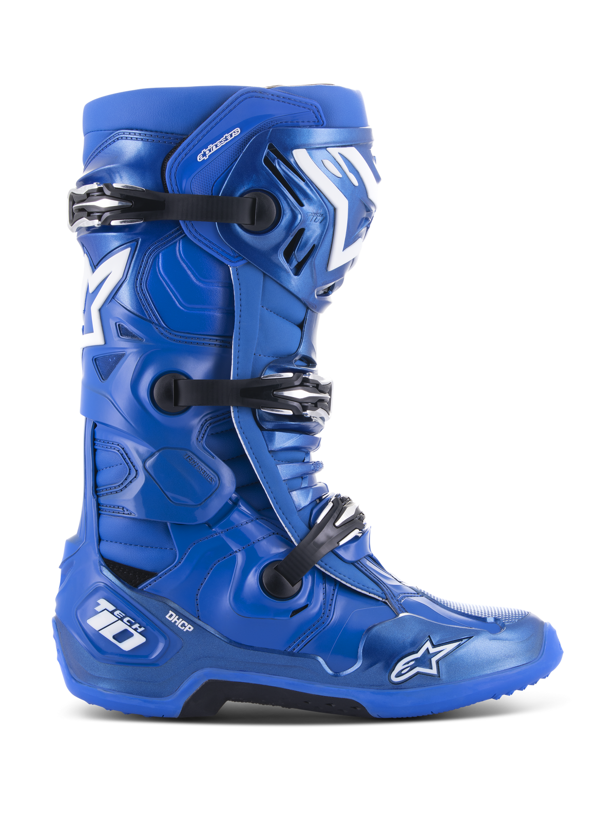 Botas de motocross Alpinestars Tech 10, azules con detalles blancos y negros, perfil lateral, sistema de cierre de triple hebilla, protección de talón DHCP, logotipo de estrella y marca Tech 10, suela robusta de alto agarre, equipo profesional de carreras off-road