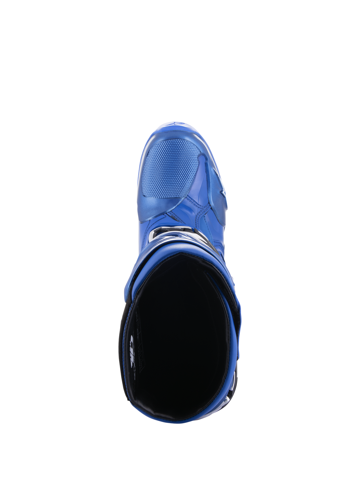 Botas Alpinestars Tech 10, botas de motocross, azul y negro, vista superior hacia el forro interior y la abertura de la pantorrilla, mostrando el diseño aerodinámico y la carcasa protectora de TPU