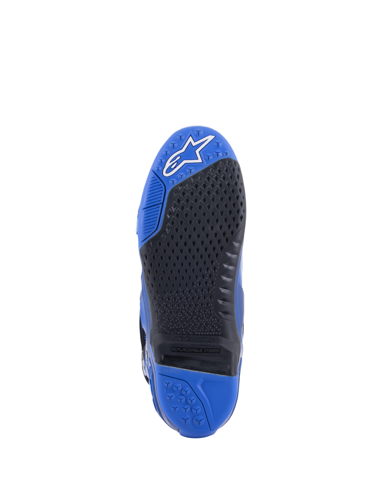 Botas Alpinestars Tech 10, azul y negro, vista detallada de la suela, con un patrón de agarre negro texturizado e inserto central reemplazable, puntera azul con logo blanco y talón azul, diseño de bota de motocross de alto rendimiento