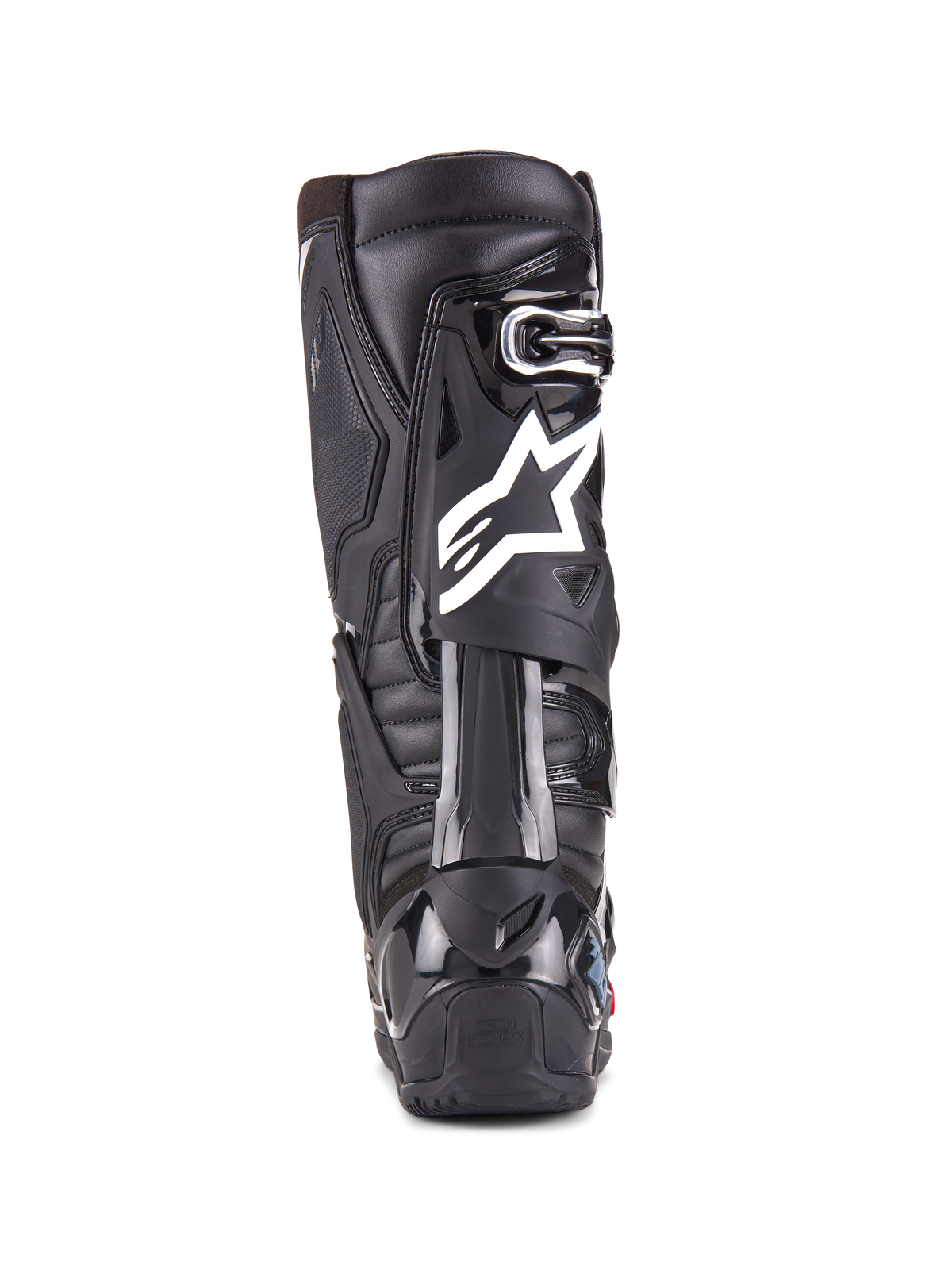 Botas Alpinestars Tech 10 Enduro, negro, vista trasera de una sola bota que muestra el logotipo blanco de Alpinestars, protector de talón de TPU duradero y diseño de suela de enduro resistente para carreras todoterreno